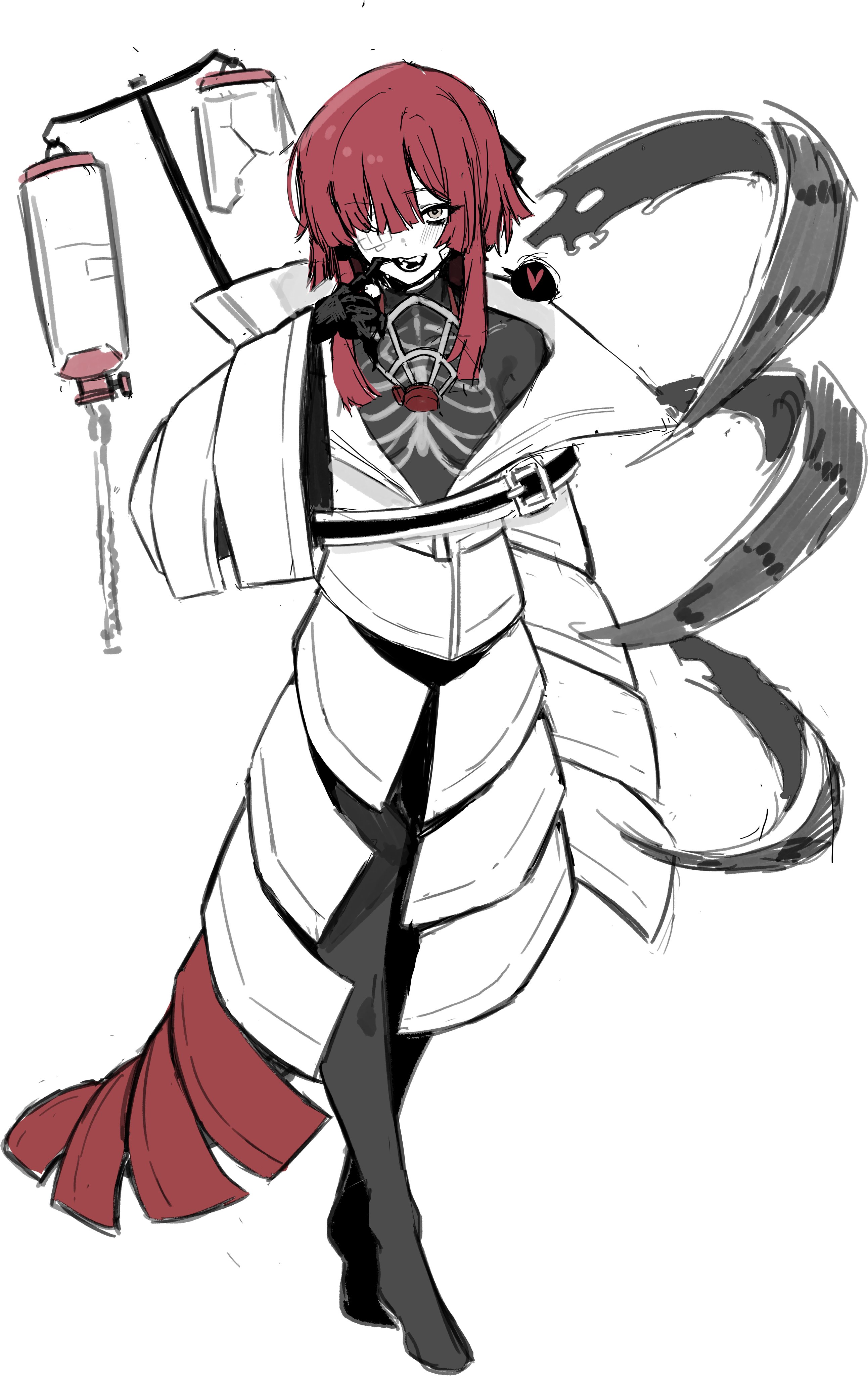 kim nyangpeon, yuri (project moon), limbus company, project moon, absurdres, highres, 1girl, black bow, black pantyhose, bow, claws, coat, full body, gauze, gauze over eye, grey eyes, hair bow, long sleeves, looking at viewer, mask, medium hair, open mouth, oxygen mask, oxygen tank, pantyhose, pink hair, respirator, simple background, skeleton print, solo, standing, thoracalgia (e.g.o), white background, white coat