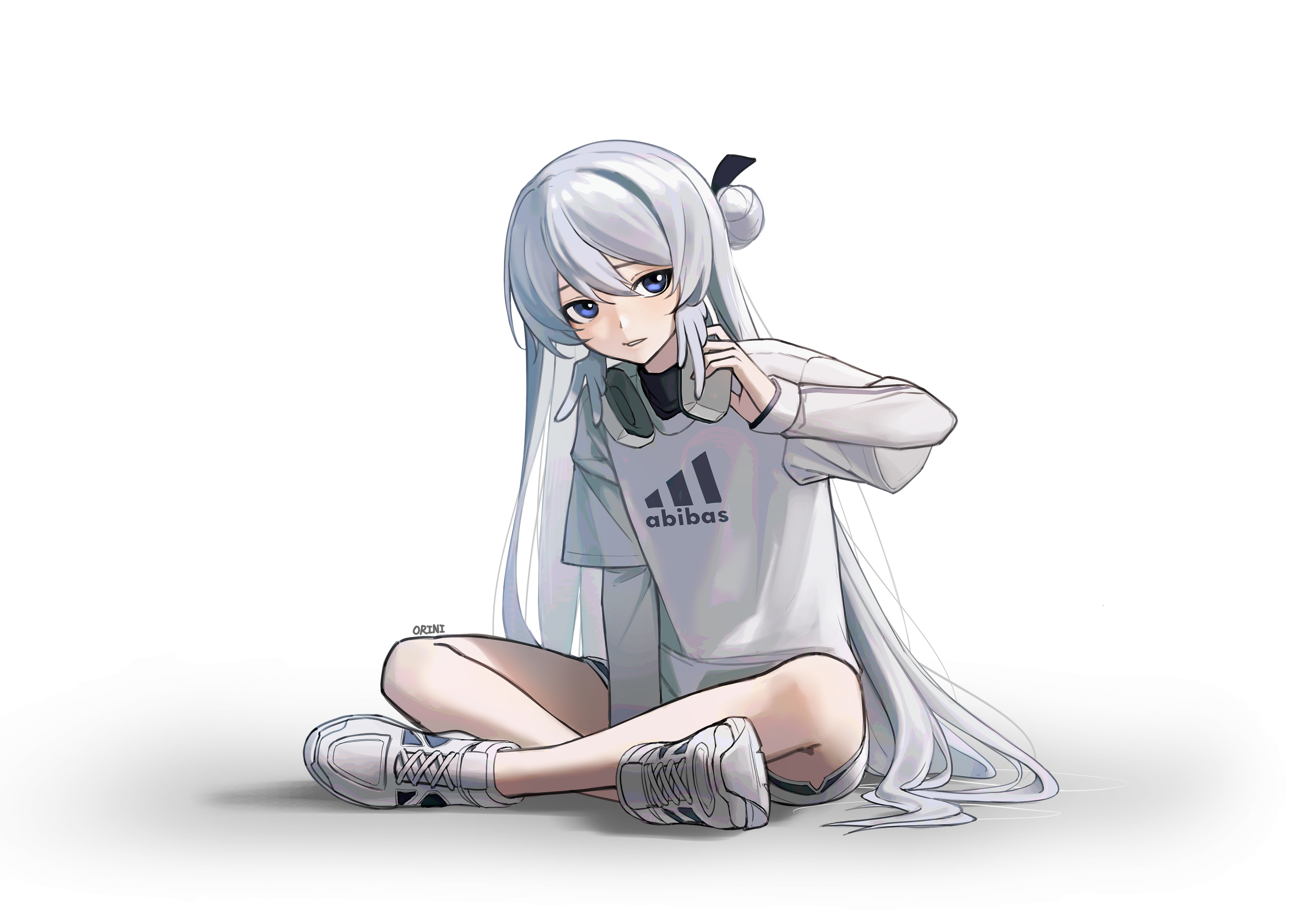 orini, mulberry (arknights), arknights, absurdres, highres, 1girl, blue eyes, dolphin shorts, full body, hair bun, headphones, indian style, long hair, long sleeves, looking at viewer, open mouth, shirt, shoes, shorts, sitting, sneakers, solo, teeth, very long hair, white background, white shirt