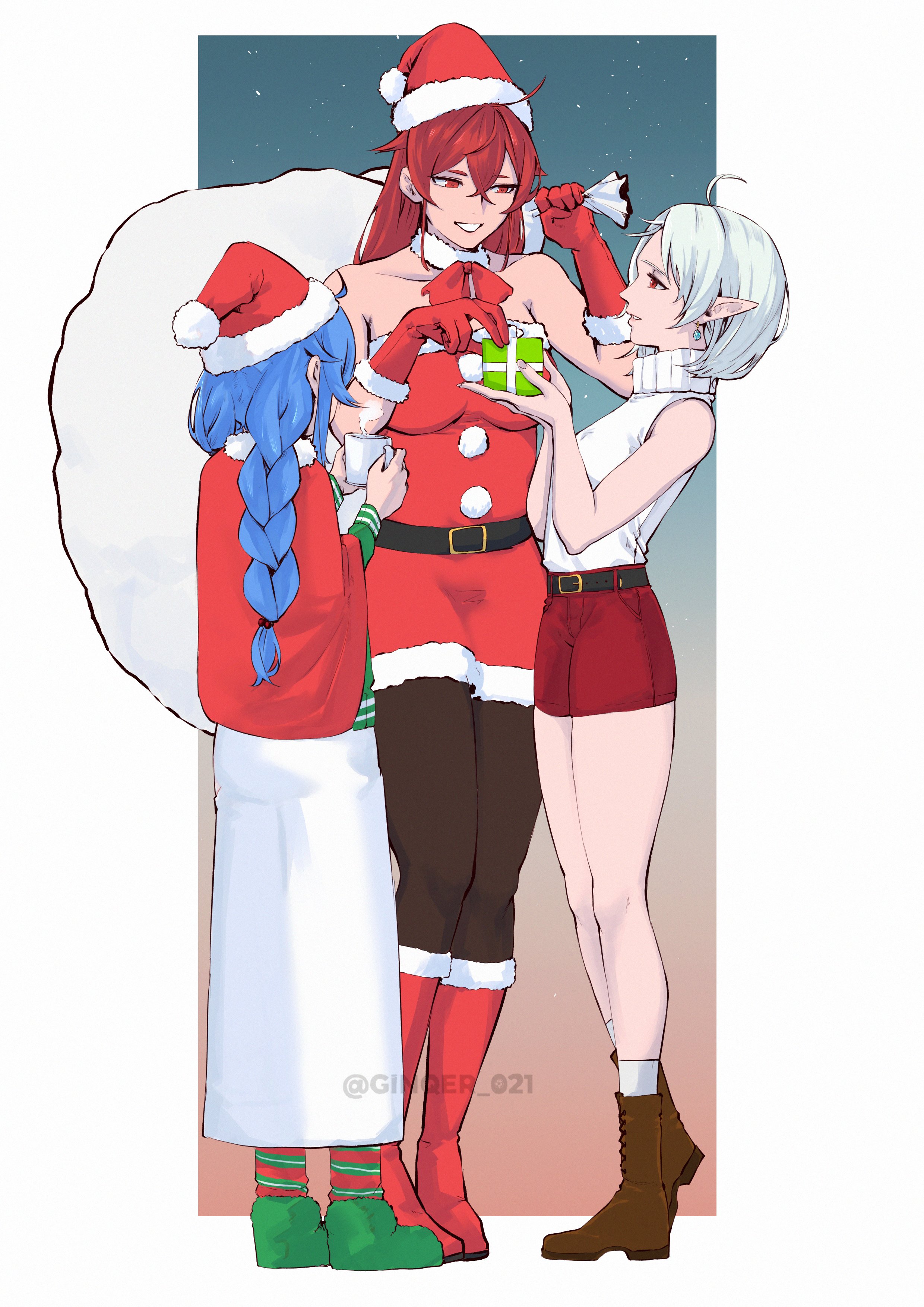 eris greyrat, roxy migurdia, sylphiette (mushoku tensei), mushoku tensei, absurdres, highres, 3girls, ahoge, blue hair, box, braid, christmas, cup, elf, gift, gift box, ginqer021, holding, holding cup, looking back, multiple girls, pantyhose, pointy ears, red hair, santa costume, sky, star (sky), starry sky, white hair