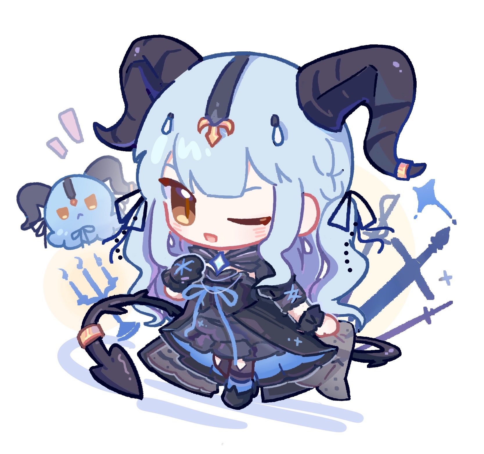 togawa sakiko, bang dream!, bang dream! it's mygo!!!!!, highres, 1girl, ;d, animalization, black dress, black horns, black ribbon, blue hair, candlestand, chibi, curled horns, demon tail, dress, full body, hair ribbon, horn ornament, horn ring, horns, long hair, looking at viewer, octopus, one eye closed, open mouth, ribbon, sidelocks, smile, solo, sword, tail, tail ornament, tail ring, togawa sakiko (master of melodia), vokka, weapon, white background, yellow eyes