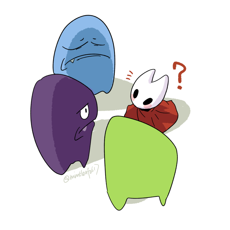 mintleaf0617, hornet (hollow knight), hollow knight: silksong, steam (platform), character request, commentary, english commentary, 1girl, ?, cloak, closed eyes, closed mouth, fang, frown, looking at another, notice lines, red cloak, simple background, steamsad, twitter username, white background