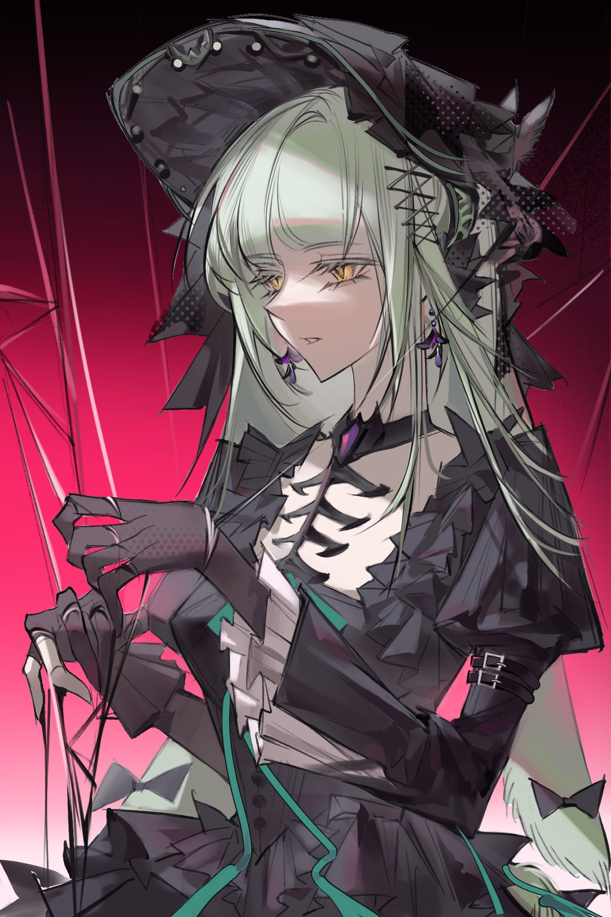 chuzhuzi996, wakaba mutsumi, arknights, bang dream!, bang dream! it's mygo!!!!!, chinese commentary, commentary request, highres, 1girl, animal ears, black bonnet, black dress, black gloves, bonnet, cowboy shot, dress, expressionless, floppy ears, frilled sleeves, frills, gloves, gothic lolita, gradient background, green hair, green ribbon, hair ornament, hands up, juliet sleeves, lolita fashion, long hair, long sleeves, parted lips, puffy sleeves, puppet strings, rabbit ears, rabbit girl, red background, ribbon, sidelocks, solo, wakaba mutsumi (marionette's id), x hair ornament, yellow eyes