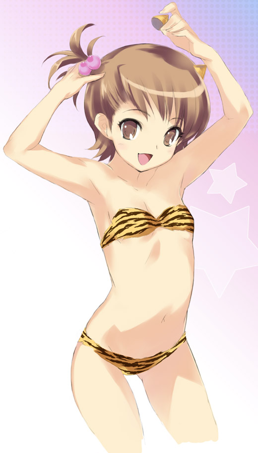 kawata hisashi, futami ami, lum, idolmaster, urusei yatsura, oni horns, 1girl, animal print, armpits, arms up, bikini, brown eyes, brown hair, cosplay, flat chest, hair bobbles, hair ornament, happy, horns, lum (cosplay), navel, open mouth, side ponytail, solo, stretching, swimsuit, tiger print