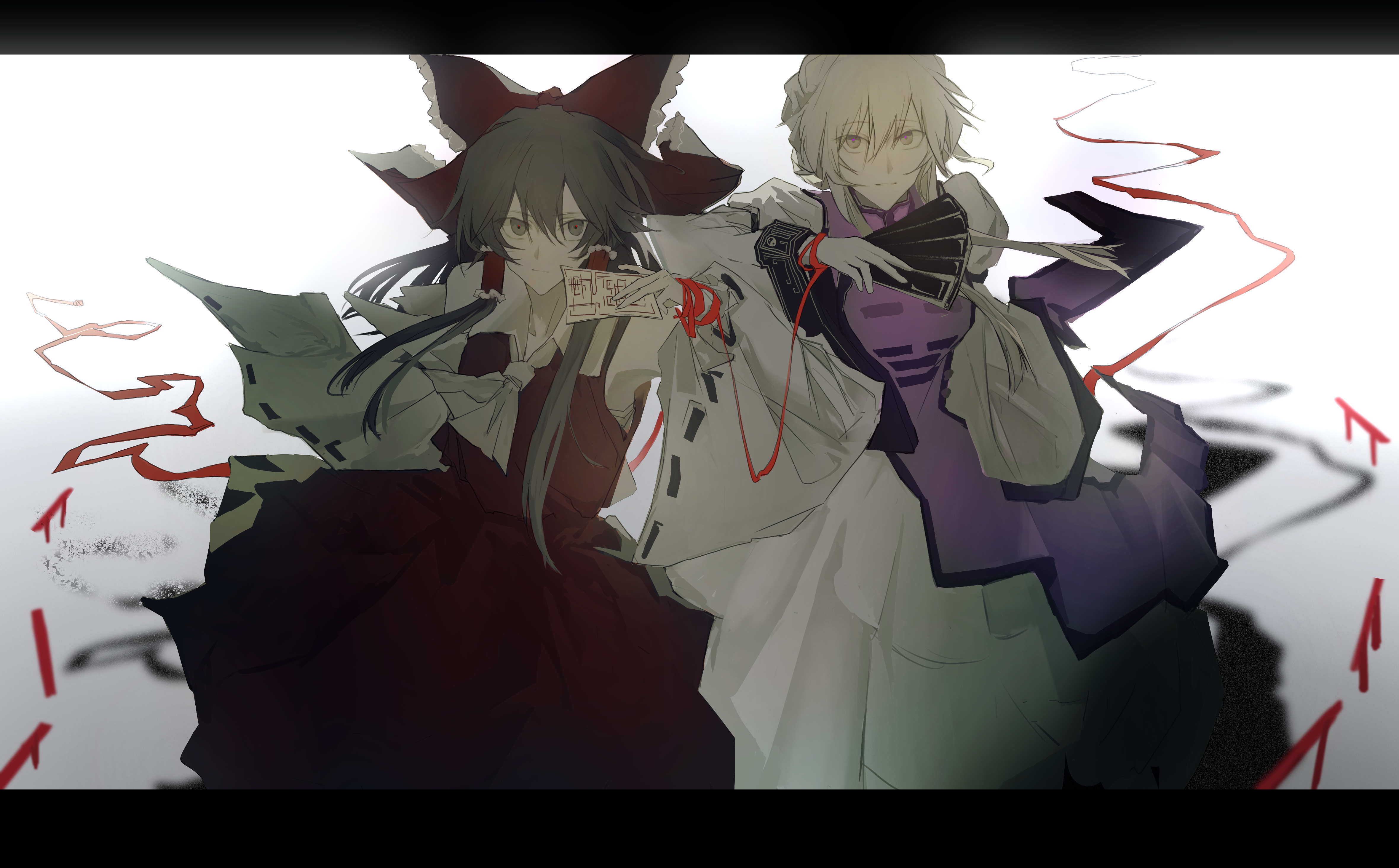 wuxiaohen, hakurei reimu, yakumo yukari, touhou, absurdres, highres, 2girls, ascot, blonde hair, bow, brown eyes, brown hair, chest sarashi, closed mouth, detached sleeves, dress, expressionless, hair between eyes, hair tubes, hand fan, holding, holding fan, holding ofuda, letterboxed, light smile, long hair, long sleeves, looking at viewer, multiple girls, multiple torii, no headwear, ofuda, purple tabard, red bow, red shirt, red skirt, sarashi, shirt, skirt, sleeveless, sleeveless shirt, string, string of fate, tabard, teeth, torii, white background, white dress, yellow eyes