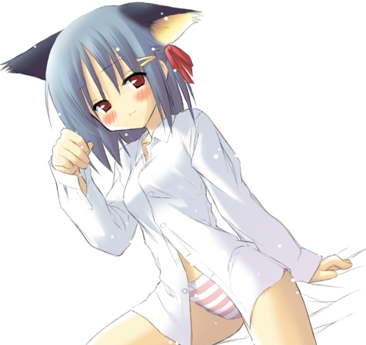 animal ears, blush, cat ears, open clothes, open shirt, panties, shirt, striped clothes, striped panties, underwear