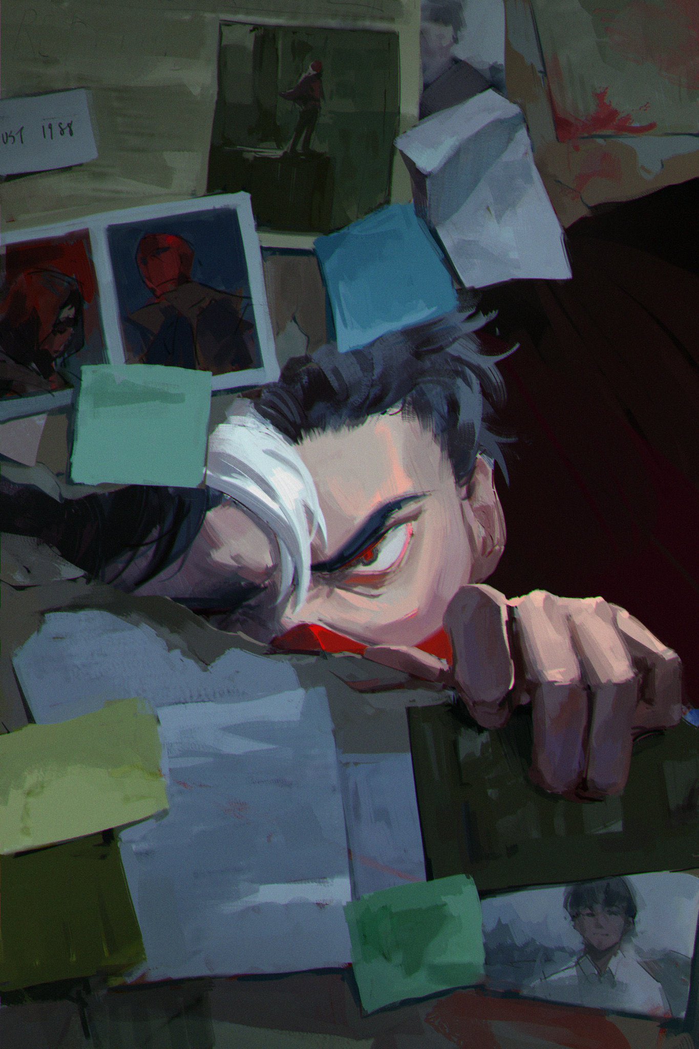 chapter 56, jason todd, red hood (dc), batman (series), dc comics, highres, 1boy, bat signal, batman symbol, black bodysuit, black gloves, black hair, bodysuit, brown jacket, domino mask, gloves, grey bodysuit, jacket, mask, muscular, muscular male, open clothes, red hood and the outlaws, red mask, short hair, superhero costume, two-tone bodysuit