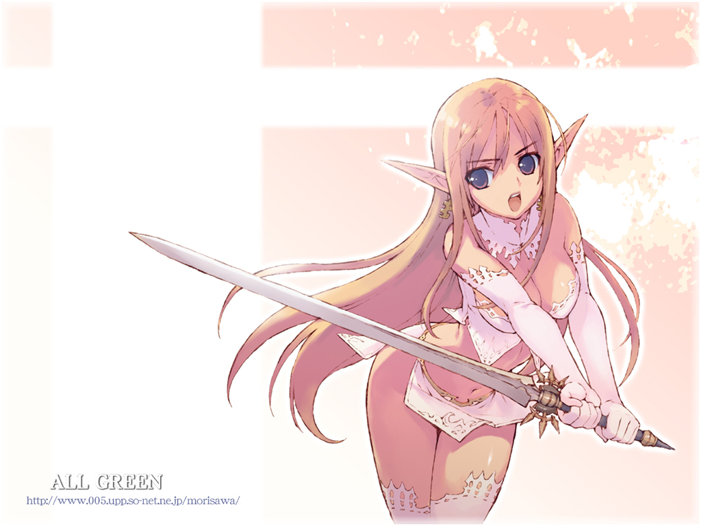 morisawa haruyuki, 1girl, blonde hair, breasts, cleavage, cowboy shot, detached collar, elbow gloves, elf, female focus, gloves, holding, holding sword, holding weapon, long hair, midriff, miniskirt, pelvic curtain, pointy ears, skirt, solo, sword, thighhighs, two-handed, watermark, weapon, web address, white thighhighs