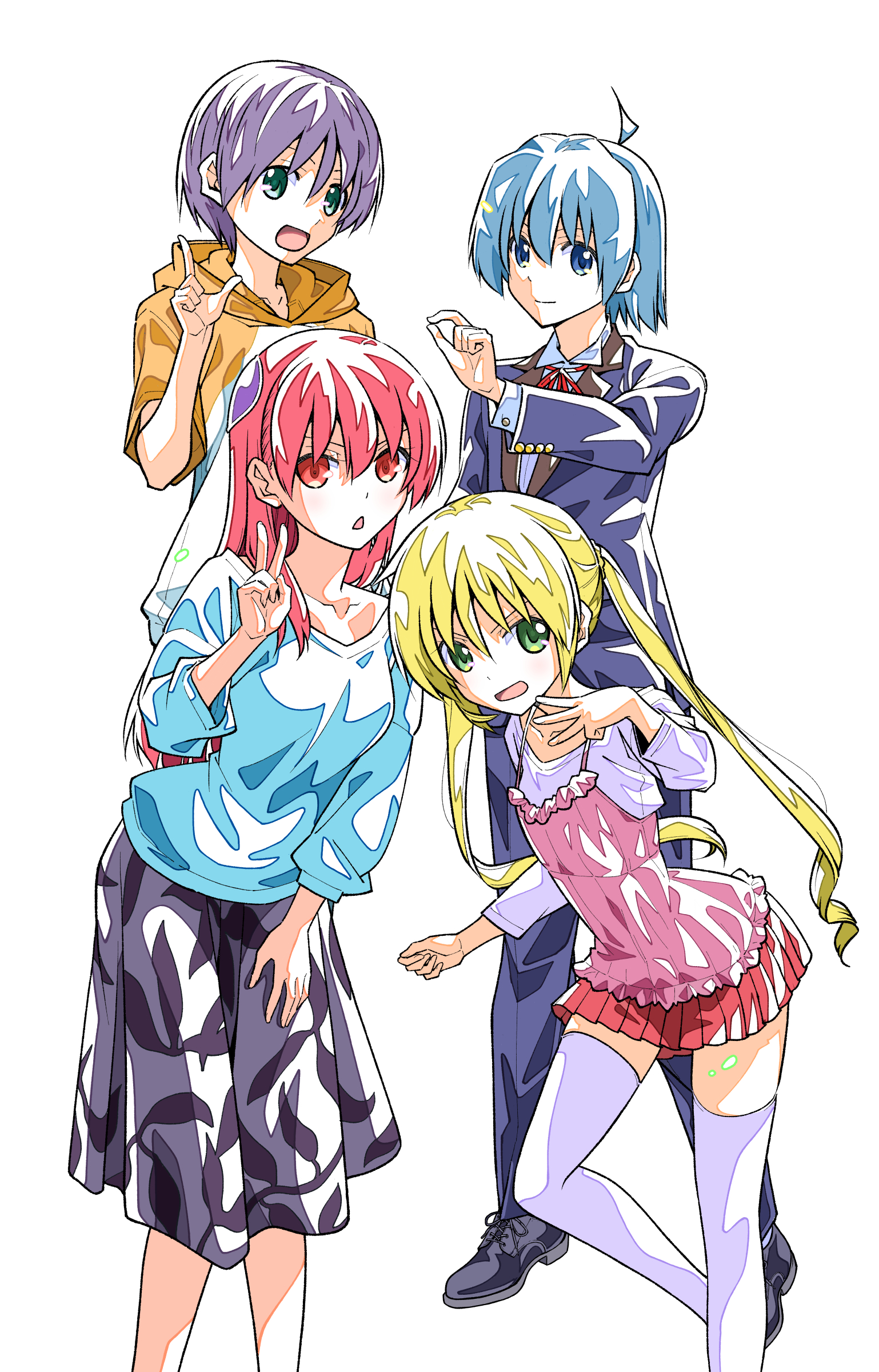 hata kenjirou, ayasaki hayate, sanzen'in nagi, yuzaki nasa, yuzaki tsukasa, hayate no gotoku!, tonikaku kawaii, absurdres, commentary request, highres, 2boys, 2girls, ahoge, black jacket, black pants, black shoes, black skirt, blue eyes, blue hair, blue shirt, breasts, butler, closed mouth, collarbone, collared shirt, creator connection, crossover, feet out of frame, finger counting, frilled shirt, frills, green eyes, hair between eyes, hair ornament, hood, hood down, hoodie, index finger raised, jacket, l hand, leaning forward, long hair, long sleeves, miniskirt, multiple boys, multiple girls, neck ribbon, open mouth, orange hoodie, pants, pink hair, pink shirt, pleated skirt, print skirt, purple hair, red eyes, red ribbon, red skirt, ribbon, shirt, shoes, short hair, short sleeves, simple background, skirt, sleeveless, sleeveless shirt, smile, standing, thighhighs, twintails, v, w, white background, white shirt, white thighhighs, zettai ryouiki