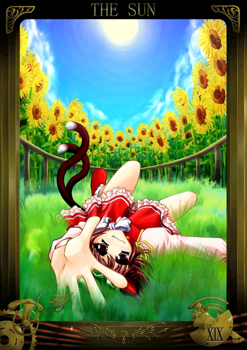 chen, touhou, 1girl, brown eyes, brown hair, dress, female focus, flower, hat, nature, nekomata, outdoors, plant, sky, solo, sunflower, tail
