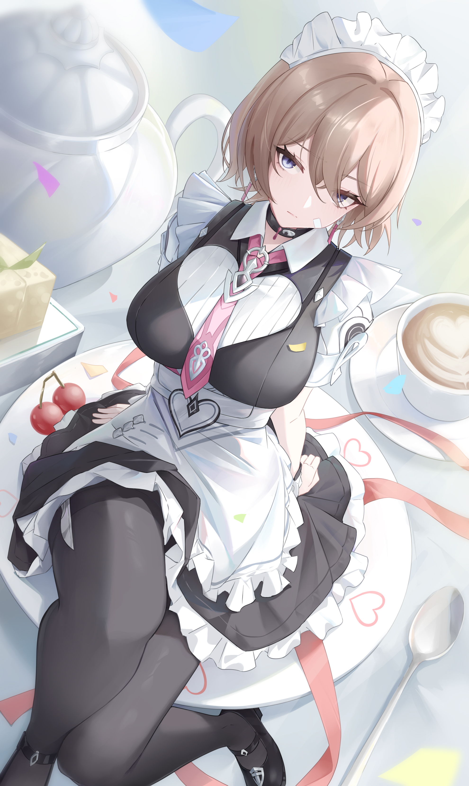 ling kongling, lantern (honkai impact), honkai (series), honkai impact 3rd, absurdres, highres, variant set, 1girl, apron, bandaid, bandaid on face, black pantyhose, blue eyes, brown hair, cake, cherry, dress, food, fruit, lantern (at your service) (honkai impact), looking at viewer, maid, maid apron, maid headdress, necktie, official alternate costume, pantyhose, plate, red ribbon, ribbon, sitting, solo, spoon, teapot, white apron