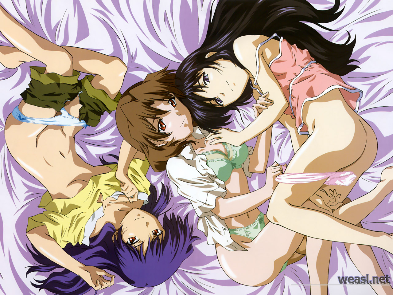 kutsuki futaba, kutsuki wakaba, minami sanae, green green, tagme, 00s, 3girls, ass, black hair, bra, breasts, brown hair, long hair, looking at viewer, multiple girls, navel, open clothes, open shirt, panties, panty pull, shirt, underboob, underwear