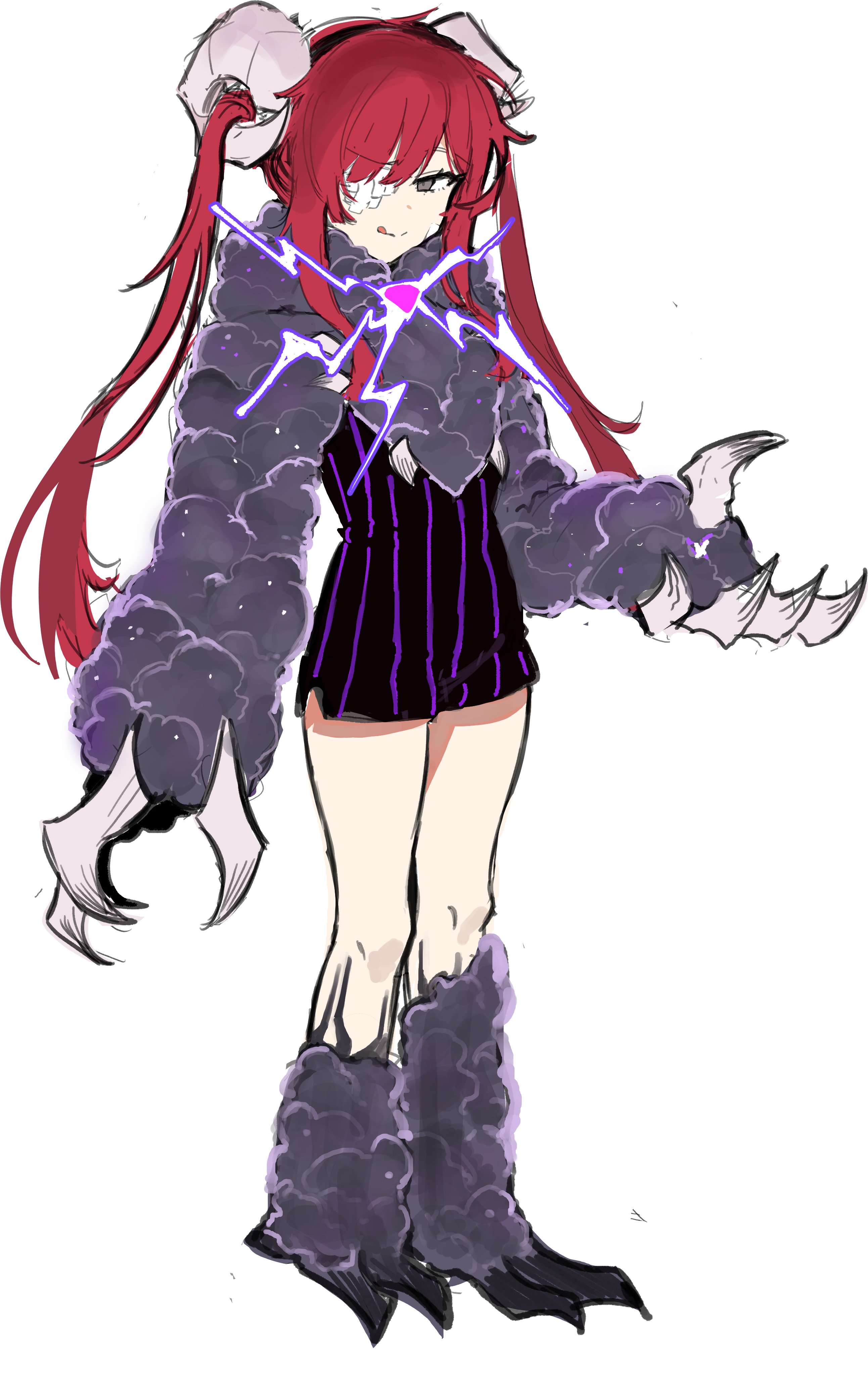 kim nyangpeon, yuri (project moon), limbus company, project moon, absurdres, highres, 1girl, black dress, black hairband, claws, dress, e.g.o (project moon), electric screaming (e.g.o), electricity, full body, gauze, gauze over eye, gem, grey eyes, hairband, horns, long hair, looking at viewer, paw sleeves, pink hair, purple gemstone, sheep horns, simple background, solo, standing, tongue, tongue out, twintails, white background, wool