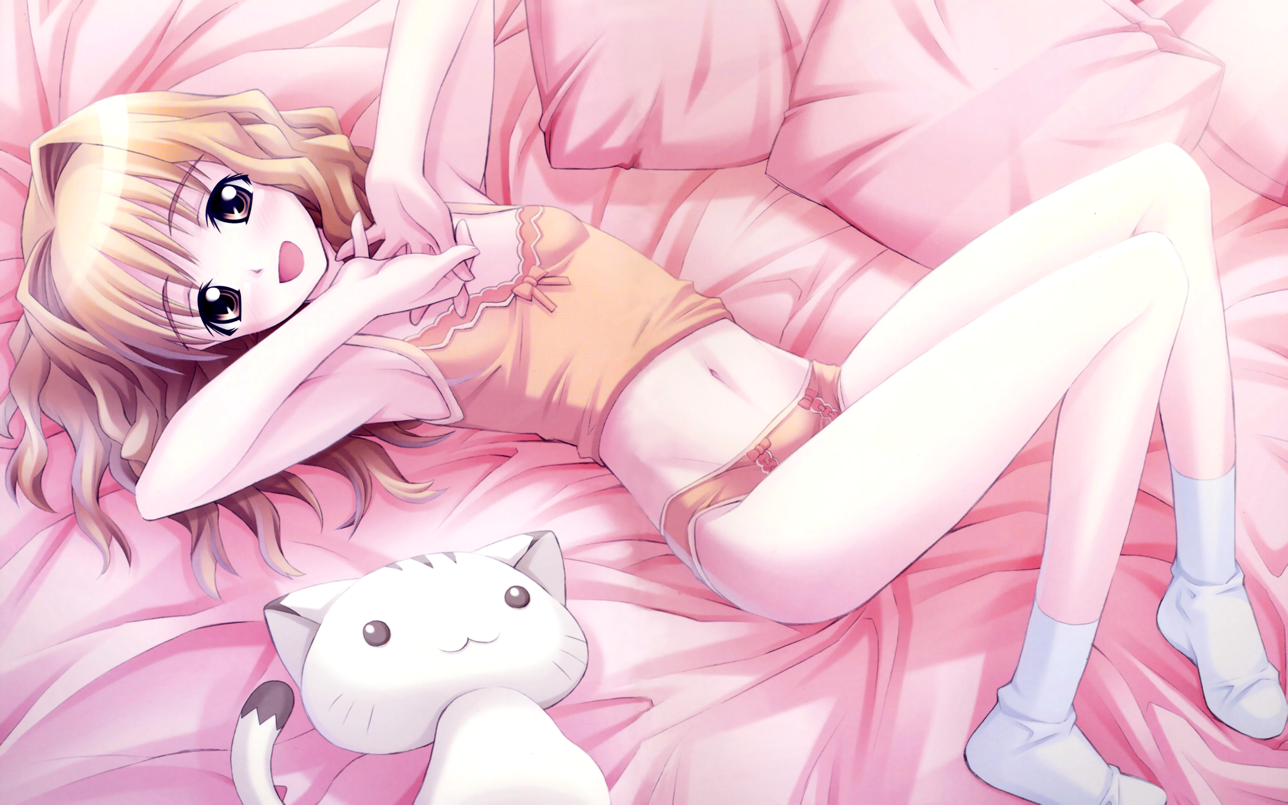 highres, blush, long hair, midriff, panties, socks, underwear