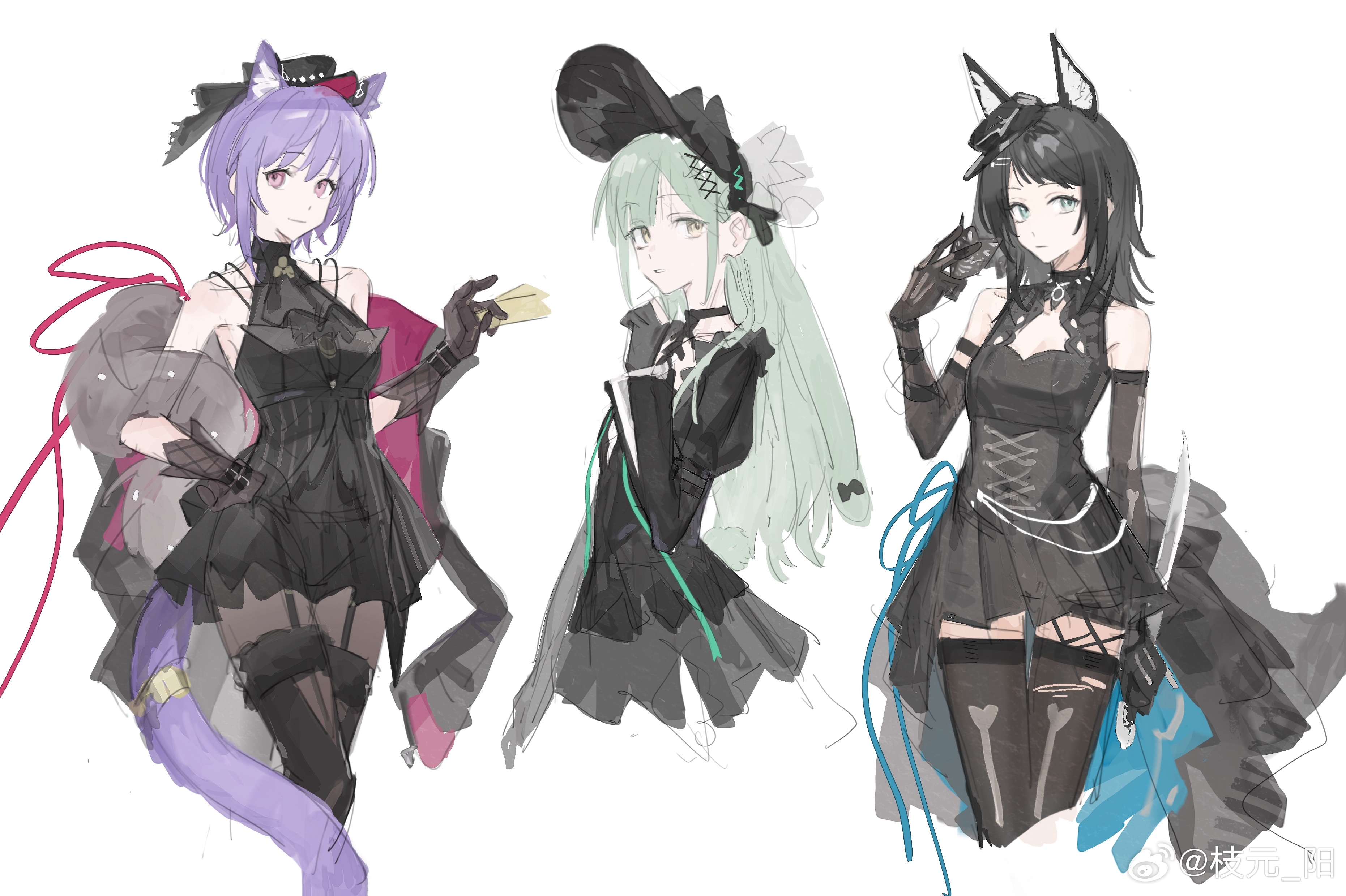 zhiyuan yang, wakaba mutsumi, yahata umiri, yuutenji nyamu, arknights, bang dream!, bang dream! it's mygo!!!!!, absurdres, chinese commentary, commentary request, highres, 3girls, animal ears, bare shoulders, black bonnet, black dress, black gloves, black hair, black hat, black pantyhose, black thighhighs, blue eyes, bonnet, card, cat ears, cat girl, closed mouth, cropped legs, dress, feather boa, feet out of frame, floppy ears, gloves, gothic lolita, green hair, hair ornament, hand on own hip, hat, holding, holding card, holding knife, holding mask, holding weapon, kemonomimi mode, knife, lolita fashion, long hair, long sleeves, looking at viewer, mask, medium hair, multiple girls, pantyhose, purple eyes, purple hair, rabbit ears, short hair, smile, standing, tail, tail ornament, tail ring, thighhighs, wakaba mutsumi (marionette's id), watermark, weapon, weibo watermark, white background, wolf ears, wolf girl, wolf tail, x hair ornament, yahata umiri (moonlight executioner), yellow eyes, yuutenji nyamu (magician of passion)