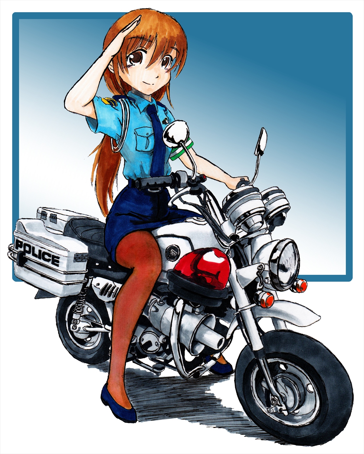 nishimiya makoto, honda, original, highres, 1girl, blue skirt, brown pantyhose, looking at viewer, motor vehicle, motorcycle, pantyhose, police, police uniform, policewoman, salute, simple background, sitting, skirt