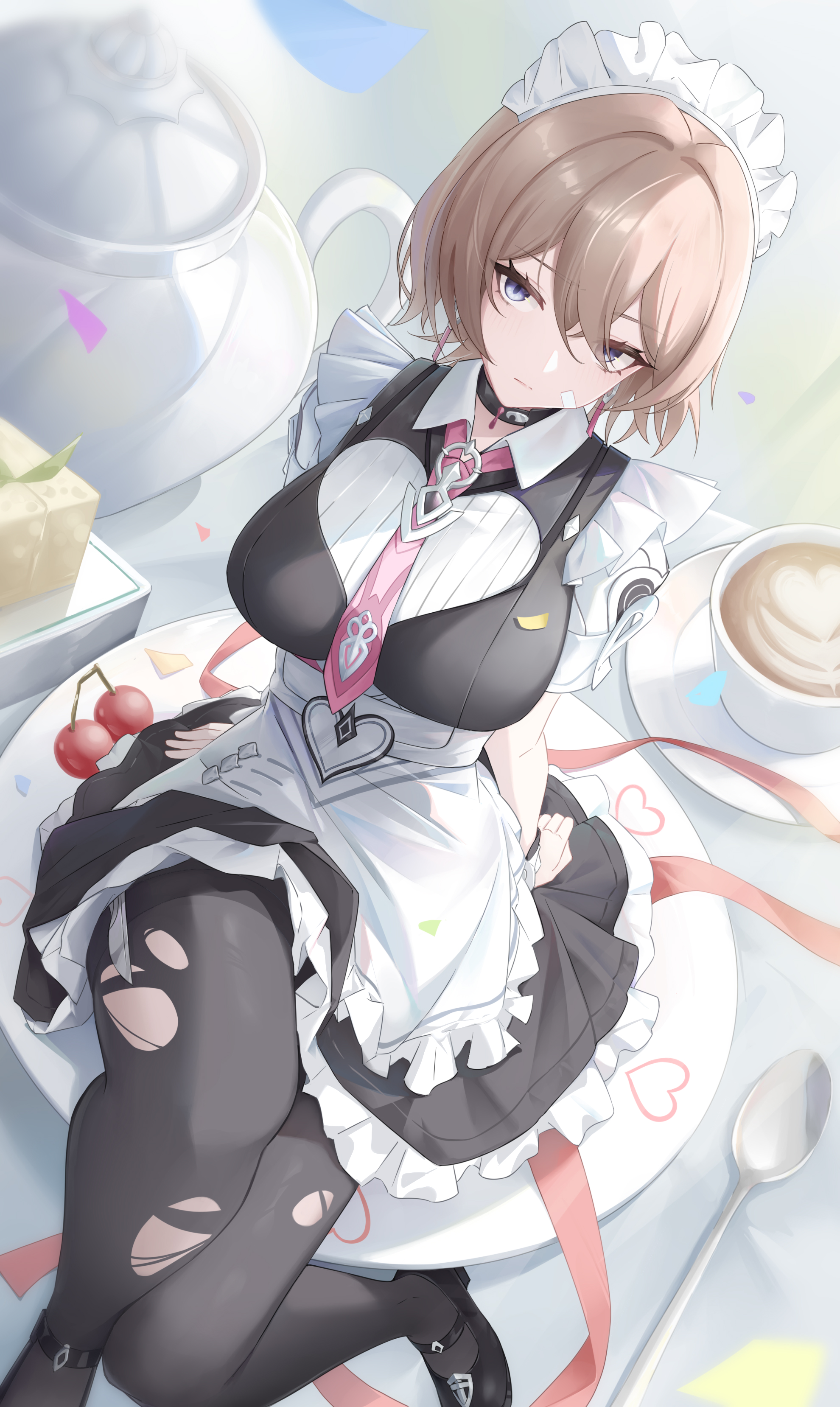 ling kongling, lantern (honkai impact), honkai (series), honkai impact 3rd, absurdres, highres, variant set, 1girl, apron, bandaid, bandaid on face, black pantyhose, blue eyes, brown hair, cake, cherry, dress, food, fruit, lantern (at your service) (honkai impact), looking at viewer, maid, maid apron, maid headdress, necktie, official alternate costume, pantyhose, plate, red ribbon, ribbon, sitting, solo, spoon, teapot, torn clothes, torn pantyhose, white apron