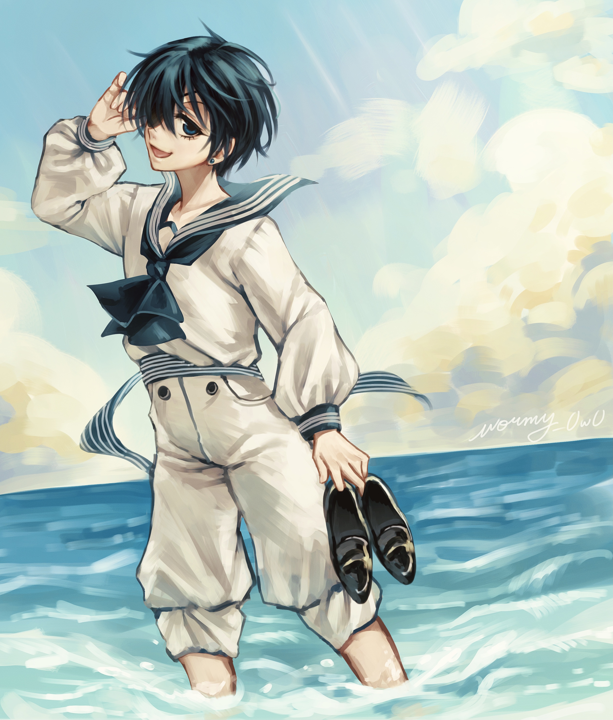 wormy owo, ciel phantomhive, kuroshitsuji, absurdres, highres, 1boy, earrings, eyelashes, eyepatch, holding, holding shoes, holding unworn clothes, jewelry, male focus, open mouth, sailor, sailor collar, sailor shirt, shirt, shoes, smile, standing, tareme, unworn shoes