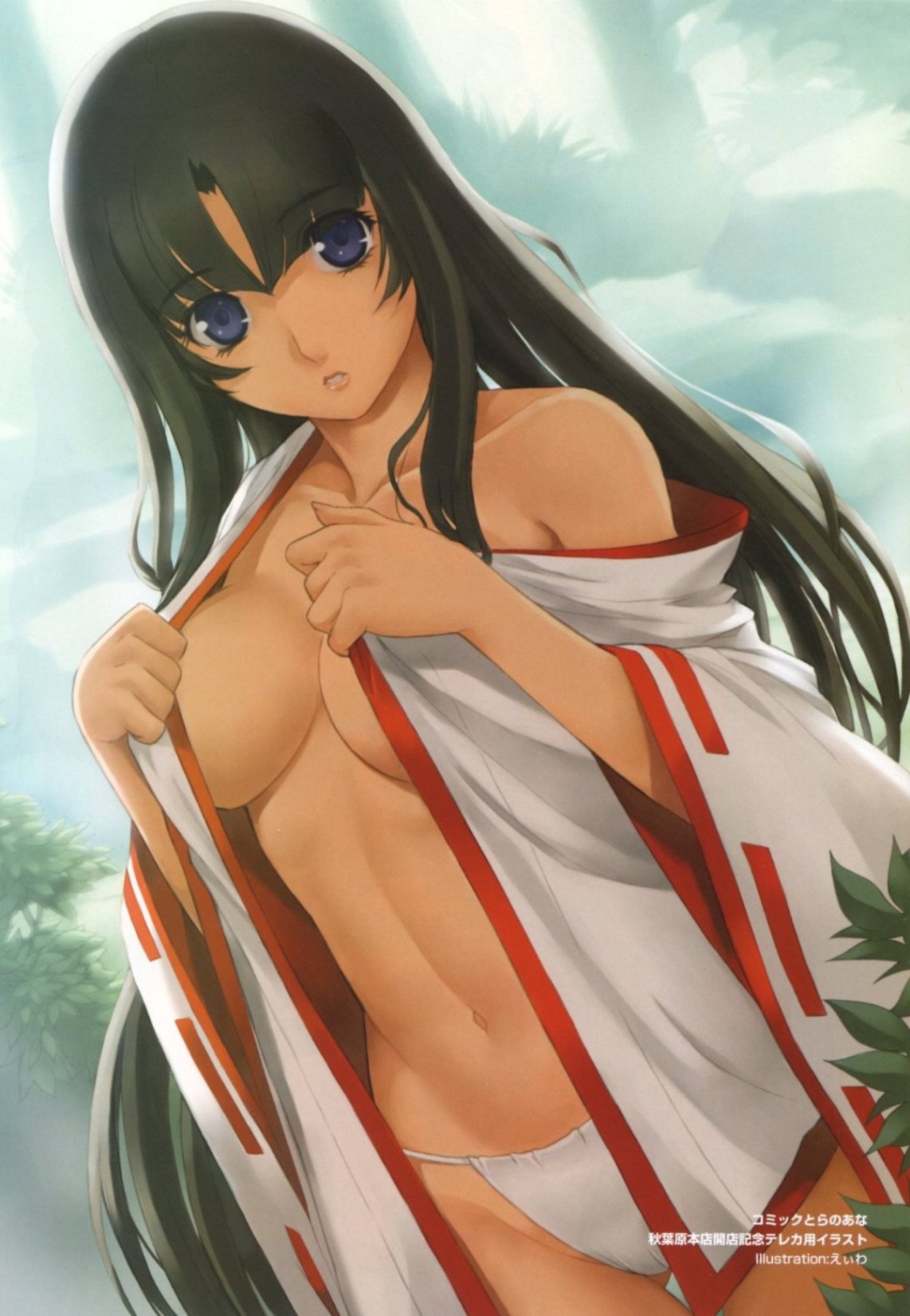 eiwa, tomoe (queen's blade), queen's blade, highres, 00s, 1girl, breasts, cleavage, female focus, japanese clothes, long hair, looking at viewer, midriff, miko, open clothes, open shirt, panties, shirt, solo, underwear