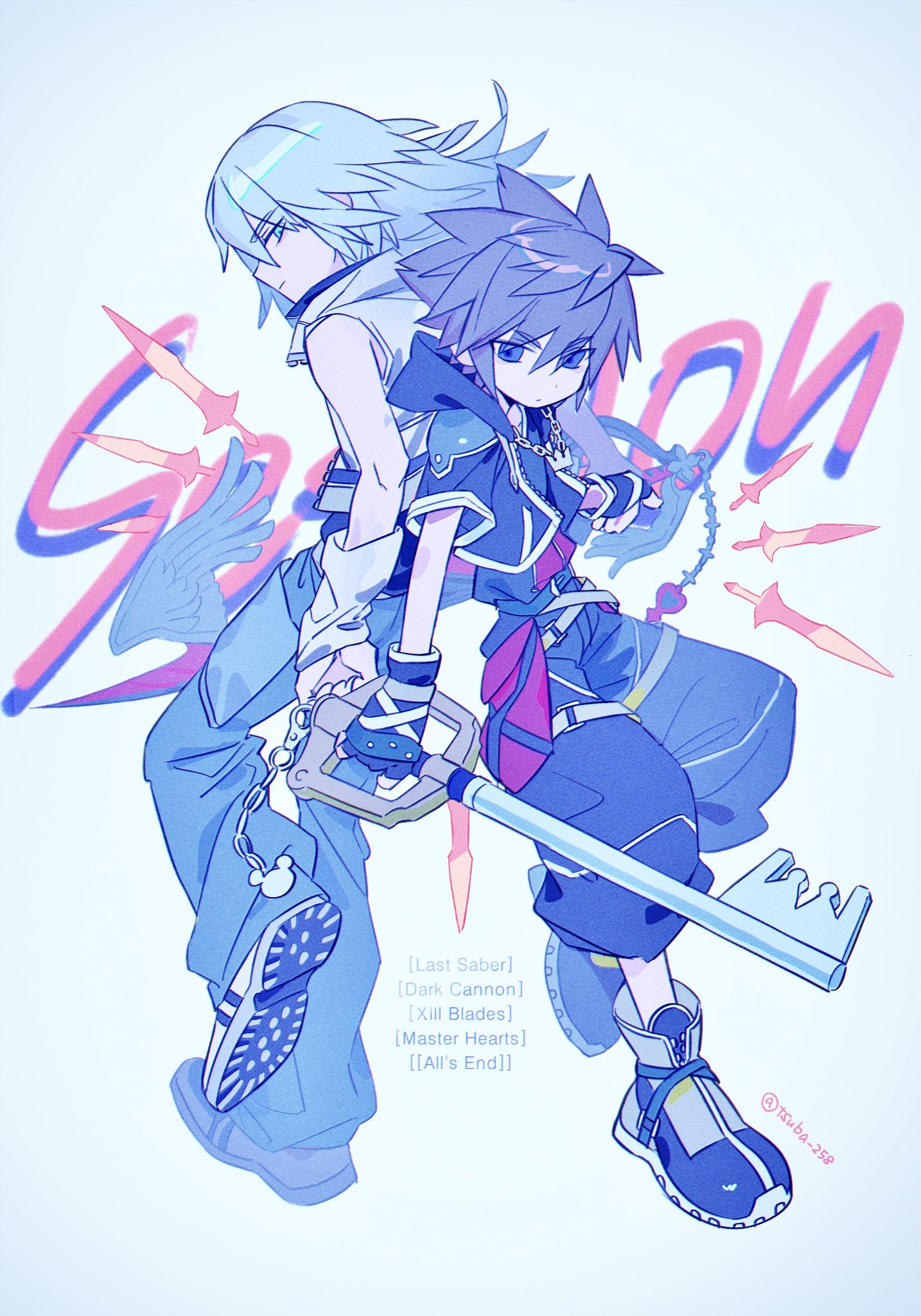 tsuba 258, riku (kingdom hearts), sora (kingdom hearts), kingdom hearts, kingdom hearts ii, commentary request, highres, 1boy, 1girl, back-to-back, bare shoulders, black gloves, black jacket, black pants, blue eyes, brown hair, english text, fingerless gloves, gloves, green eyes, grey hair, holding, holding weapon, hood, hood down, hooded jacket, jacket, keyblade, kingdom key, long hair, looking at viewer, pants, short sleeves, way to the dawn, weapon