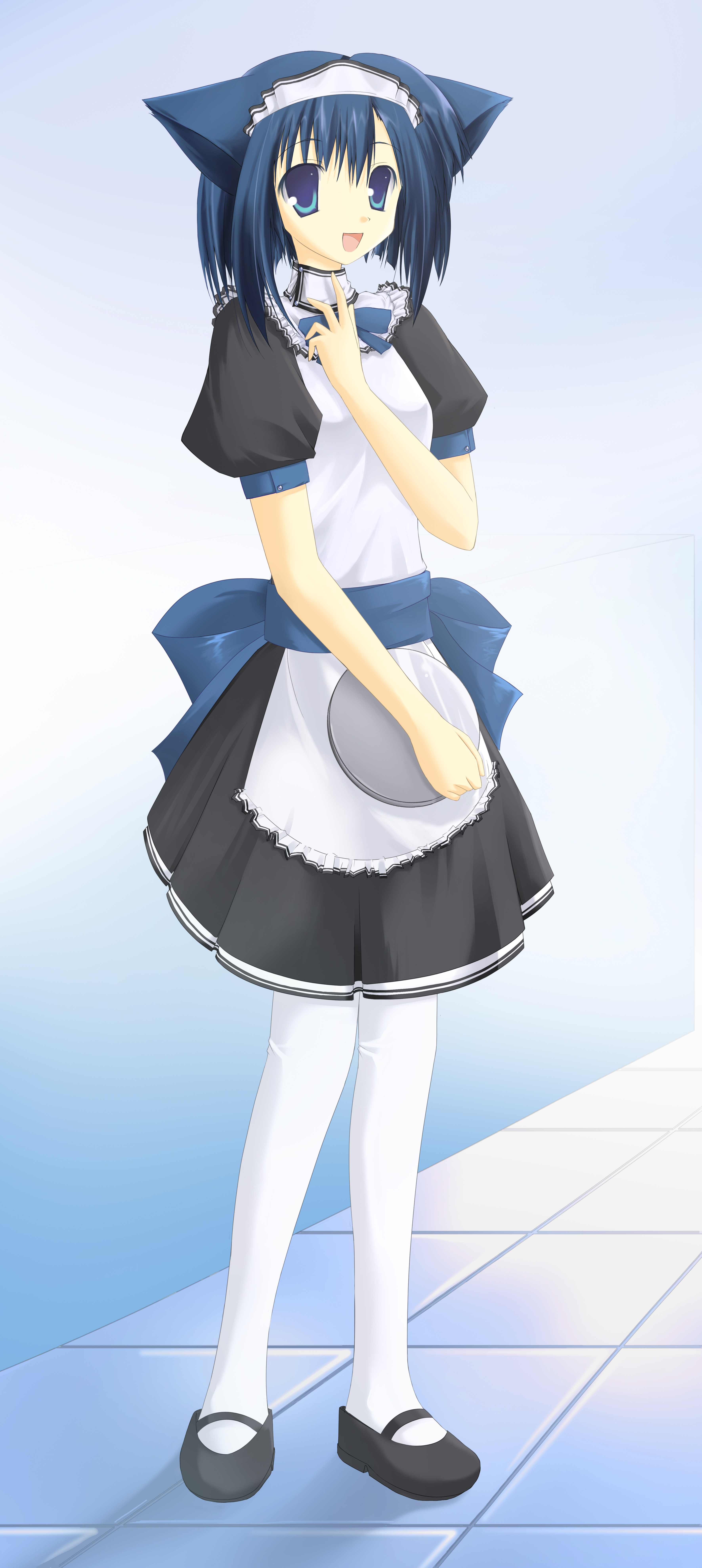 absurdres, highres, animal ears, apron, blue eyes, blue hair, bow, cat ears, dress, maid, maid apron, pantyhose, short hair, thighhighs, waitress