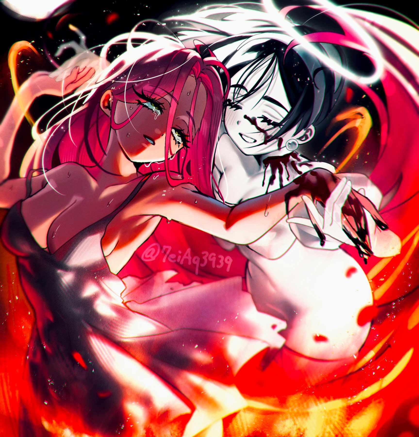 7eiaq3939, mizi (alien stage), sua (alien stage), alien stage, commentary, english commentary, highres, 2girls, black blood, black dress, blood, blood on face, blood on neck, breasts, closed eyes, crying, crying with eyes open, dress, earrings, fire, halo, jewelry, multiple girls, pearl earrings, pink hair, sleeveless, sleeveless dress, smile, tears, yellow eyes