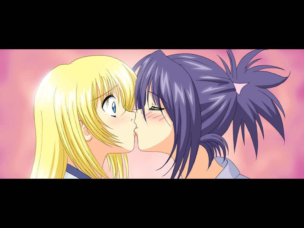 colette brunel, fujibayashi sheena, tales of (series), tales of symphonia, 00s, 2girls, anamorphic, blonde hair, blue eyes, blush, closed eyes, kiss, letterboxed, multiple girls, pink background, purple hair, surprised, yuri