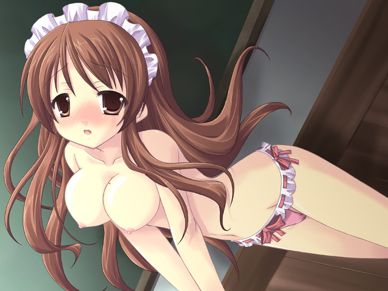 asahina mikuru, suzumiya haruhi no yuuutsu, 00s, blush, breasts, brown hair, cameltoe, classroom, large breasts, maid, panties, school, topless female, underwear