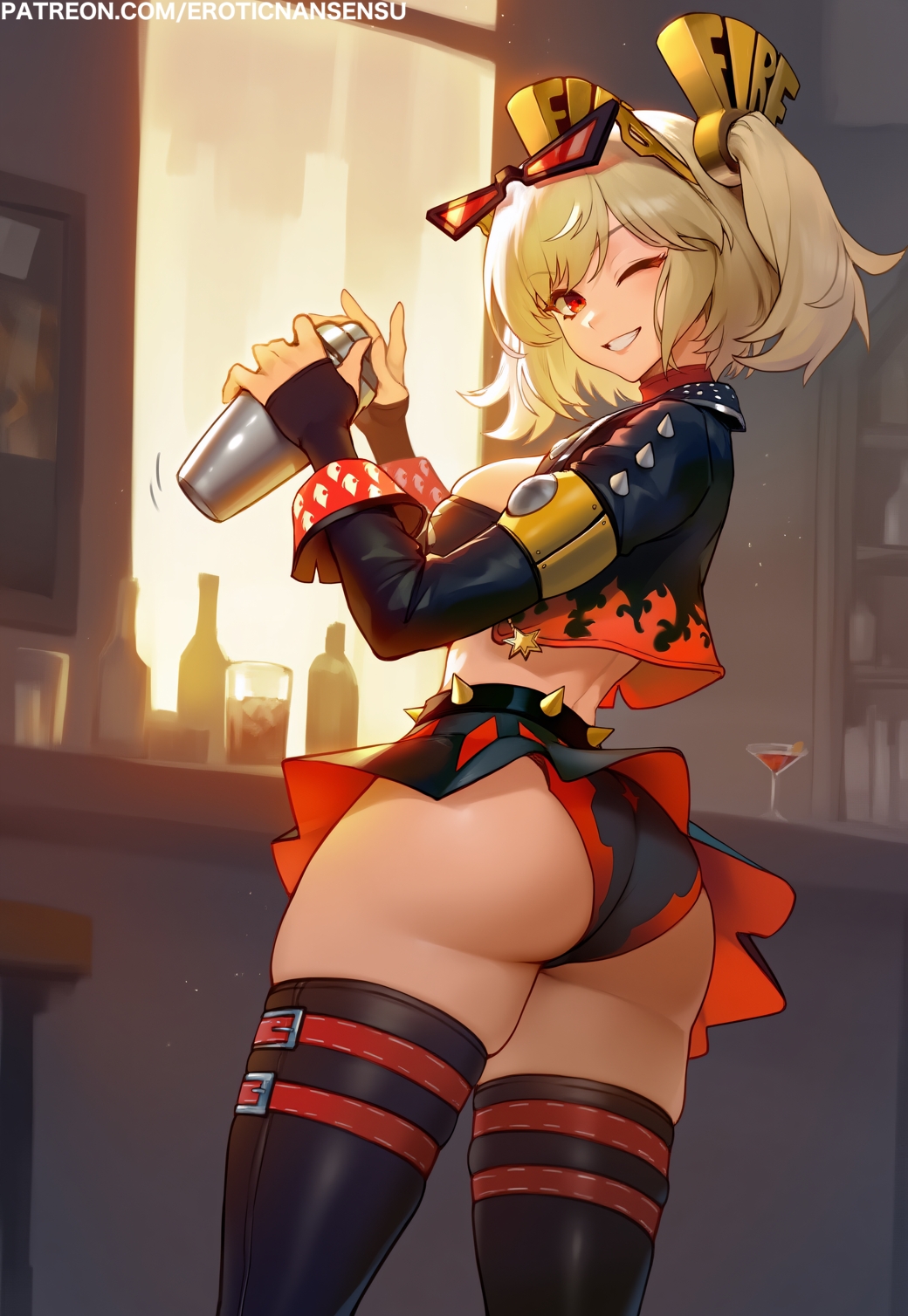 erotic nansensu, burnice white, zenless zone zero, ai-assisted, highres, 1girl, ass, bar (place), bartender, black skirt, black tube top, blonde hair, breasts, cleavage, eyewear on head, red-tinted eyewear, red eyes, skirt, solo, spiked jacket, strapless, thighhighs, tinted eyewear, tube top, underwear