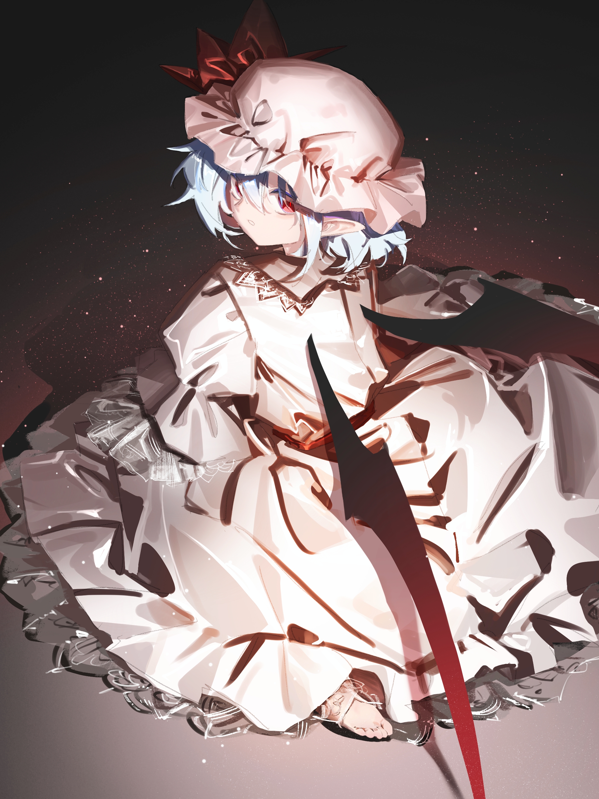 indis, remilia scarlet, touhou, absurdres, commentary request, highres, 1girl, barefoot, bat wings, blue hair, hat, hat ribbon, looking at viewer, looking back, mob cap, pink hat, pointy ears, red eyes, red ribbon, ribbon, shirt, sitting, skirt, solo, toes, white shirt, white skirt, wings