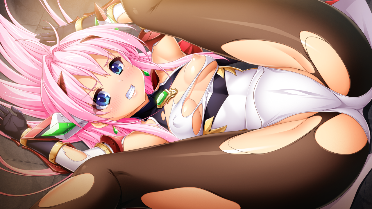 kamitsurugi ouka, aikawa haruno, exs-tia ignis, kouyoku senki exs-tia concert, game cg, large variant set, non-web source, official art, variant set, 1girl, angry, arms up, black gloves, black pantyhose, blue eyes, blush, bodysuit, breasts, cameltoe, chest jewel, clenched teeth, convenient censoring, covered erect nipples, crack, detached sleeves, elbow gloves, folded, gloves, hair intakes, hair ornament, hair spread out, headgear, knees to chest, legs up, leotard, long hair, looking at viewer, lying, magical girl, on back, pantyhose, pink hair, small breasts, solo, spread legs, teeth, torn clothes, torn leotard, torn pantyhose, white leotard