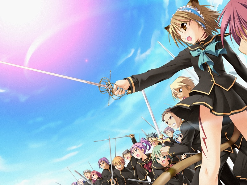 greensvale no mori no naka, gurinsuva, striped, game cg, 6+girls, animal ears, army, cat ears, everyone, long hair, multiple girls, school uniform, serafuku, short hair, skirt, sky, sword, weapon