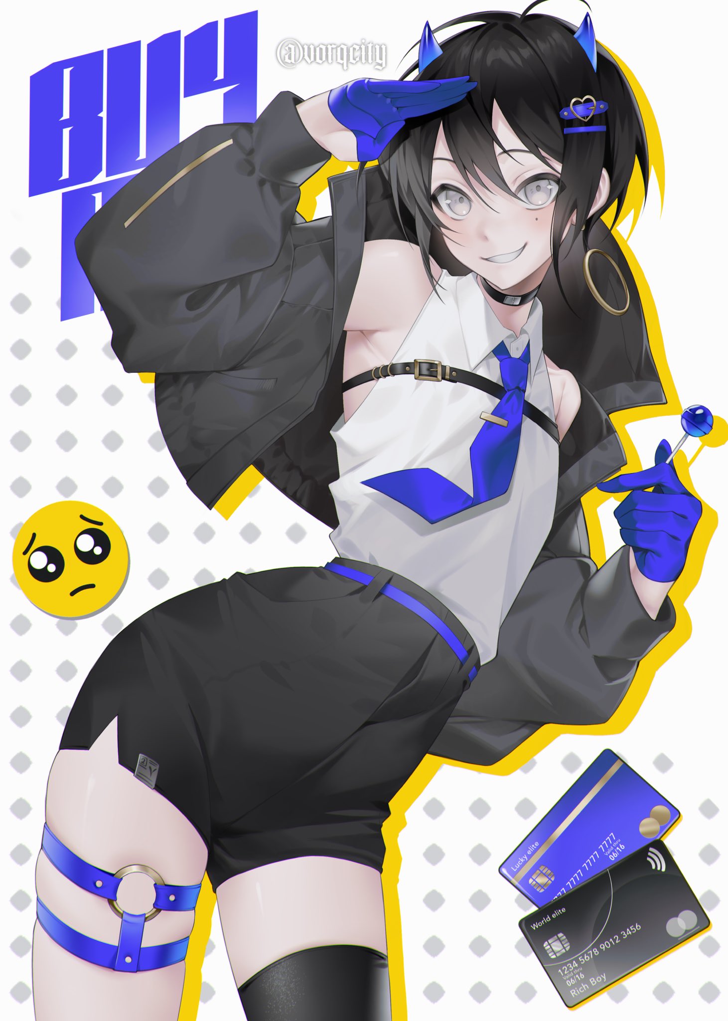 vorqcity, original, commentary, highres, 1boy, armpit crease, artist name, bare shoulders, black choker, black hair, black jacket, black shorts, blue gloves, blue necktie, candy, choker, collared shirt, cowboy shot, credit card, dated commentary, double-parted bangs, emoji, food, gloves, grey eyes, hair between eyes, hand up, high-waist shorts, holding, holding candy, holding food, holding lollipop, jacket, lollipop, long sleeves, looking at viewer, male focus, mole, mole under eye, necktie, open clothes, open jacket, parted lips, shirt, short hair, short shorts, shorts, sleeveless, sleeveless shirt, smile, solo, thighs, white background, white shirt