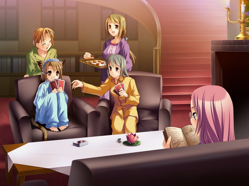 greensvale no mori no naka, gurinsuva, game cg, 5girls, animal ears, brown hair, card, cat ears, cheaters shall fall, everyone, food, glasses, green hair, long hair, multiple girls, orange eyes, purple hair, short hair