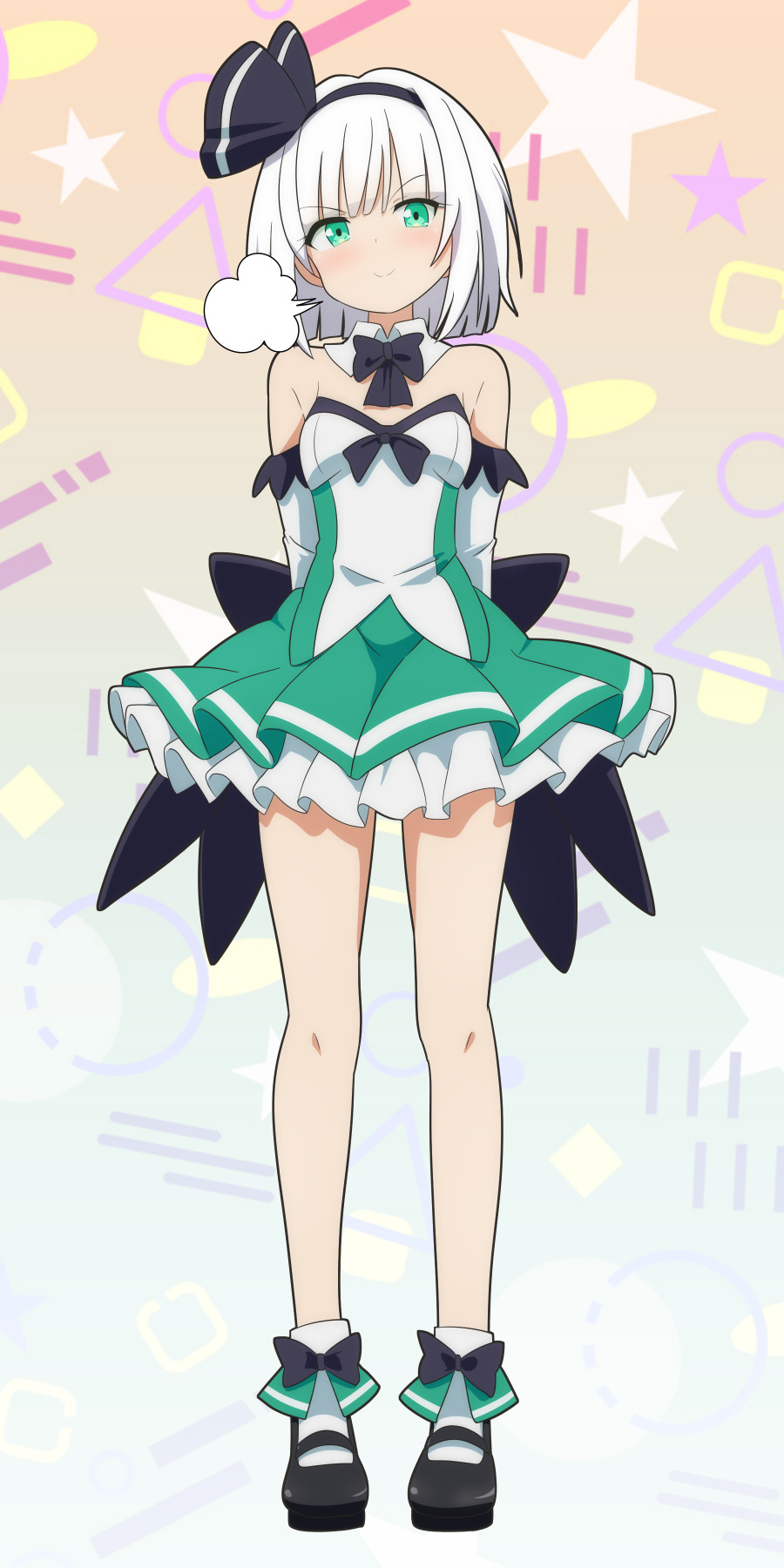 cato (monocatienus), konpaku youmu, touhou, commentary request, highres, 1girl, alternate costume, arms behind back, back bow, black bow, black bowtie, black hairband, black shoes, blush, bow, bowtie, breasts, closed mouth, detached collar, detached sleeves, frilled skirt, frills, full body, green eyes, green skirt, grey hair, hairband, looking at viewer, mary janes, multicolored shirt, puff of air, shirt, shoes, skirt, small breasts, smile, socks, solo, strapless, strapless shirt, two-tone skirt, white skirt, white socks