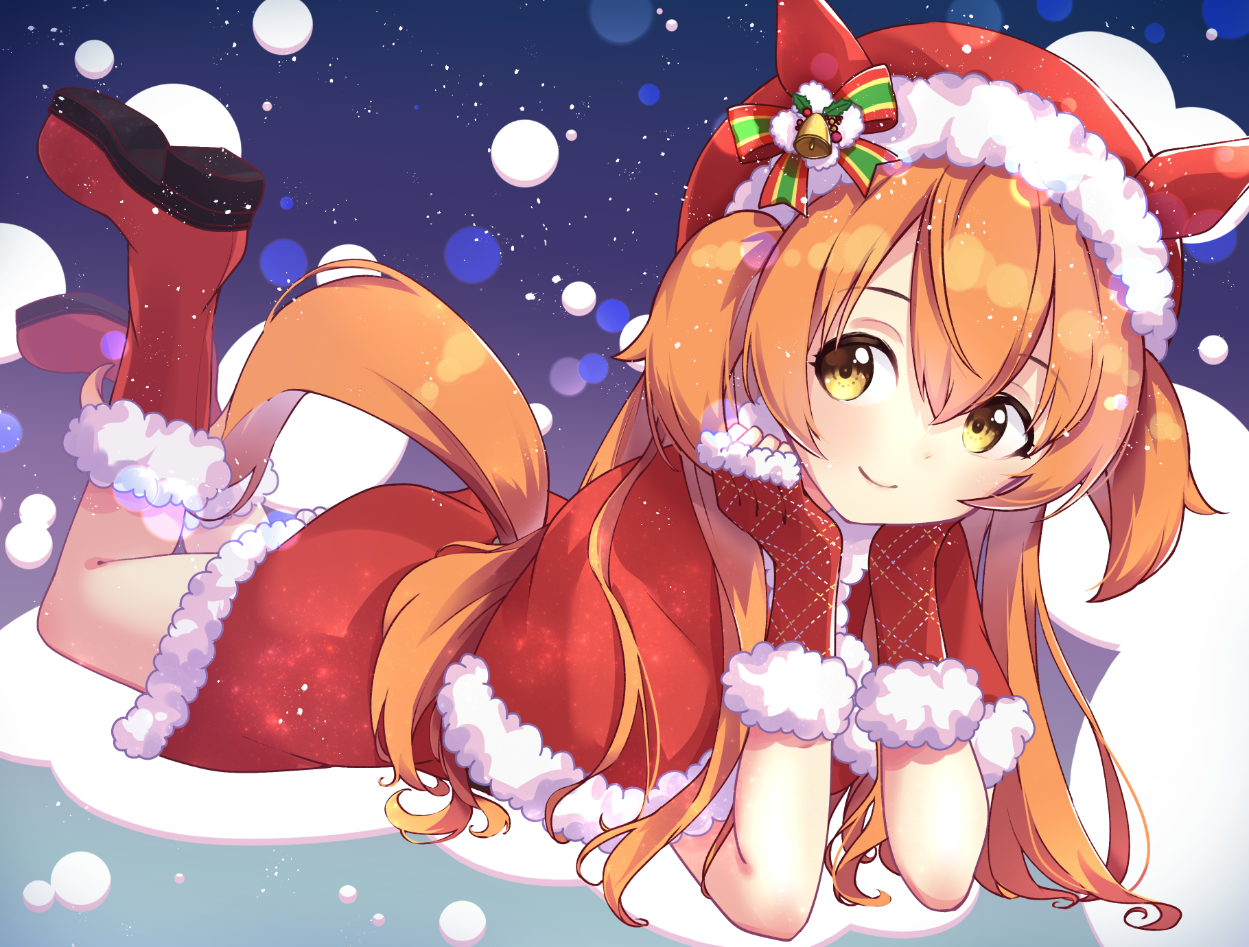 comomo, mayano top gun (formation: party) (umamusume), mayano top gun (umamusume), umamusume, commentary, highres, 1girl, animal ears, blush, boots, bow, capelet, christmas, closed mouth, dress, fingerless gloves, full body, fur-trimmed boots, fur-trimmed capelet, fur-trimmed dress, fur-trimmed gloves, fur-trimmed headwear, fur trim, gloves, gradient background, hair between eyes, hair ornament, hand on own cheek, hand on own face, hat, hat bell, horse ears, horse girl, horse hat, horse tail, knee boots, long hair, looking at viewer, lying, night, official alternate costume, on stomach, orange hair, plaid clothes, plaid gloves, red boots, red capelet, red dress, red gloves, santa costume, santa dress, santa hat, sky, smile, solo, star (sky), starry sky, tail, two side up