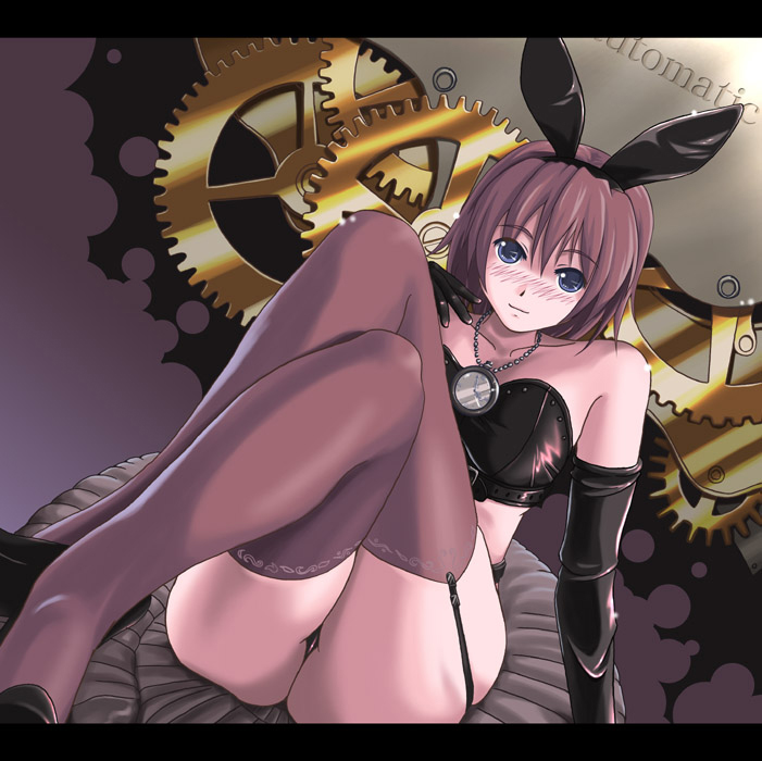 animal ears, blue eyes, blush, brown hair, garter belt, gloves, rabbit ears, short hair, thighhighs