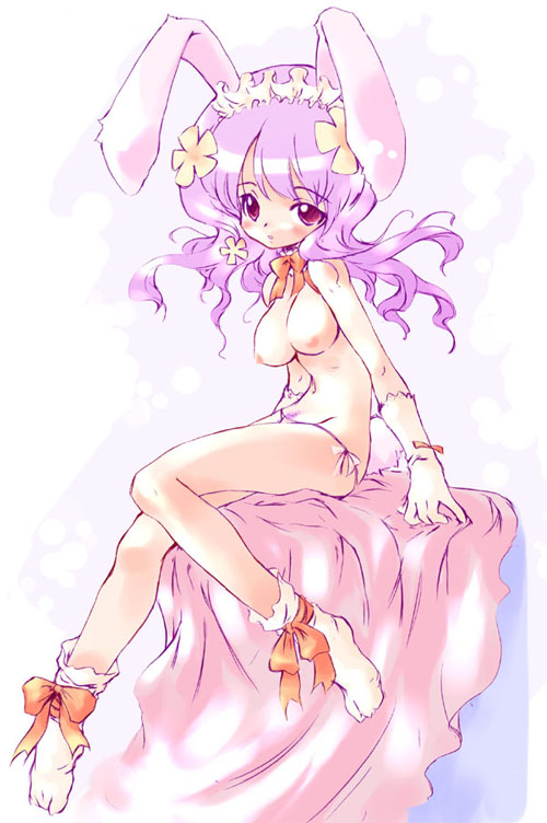 1girl, animal ears, blush, bow, breasts, female focus, female pubic hair, full body, gloves, long hair, nipples, panties, pink eyes, pubic hair, purple hair, rabbit ears, rabbit tail, side-tie panties, simple background, solo, tail, underwear