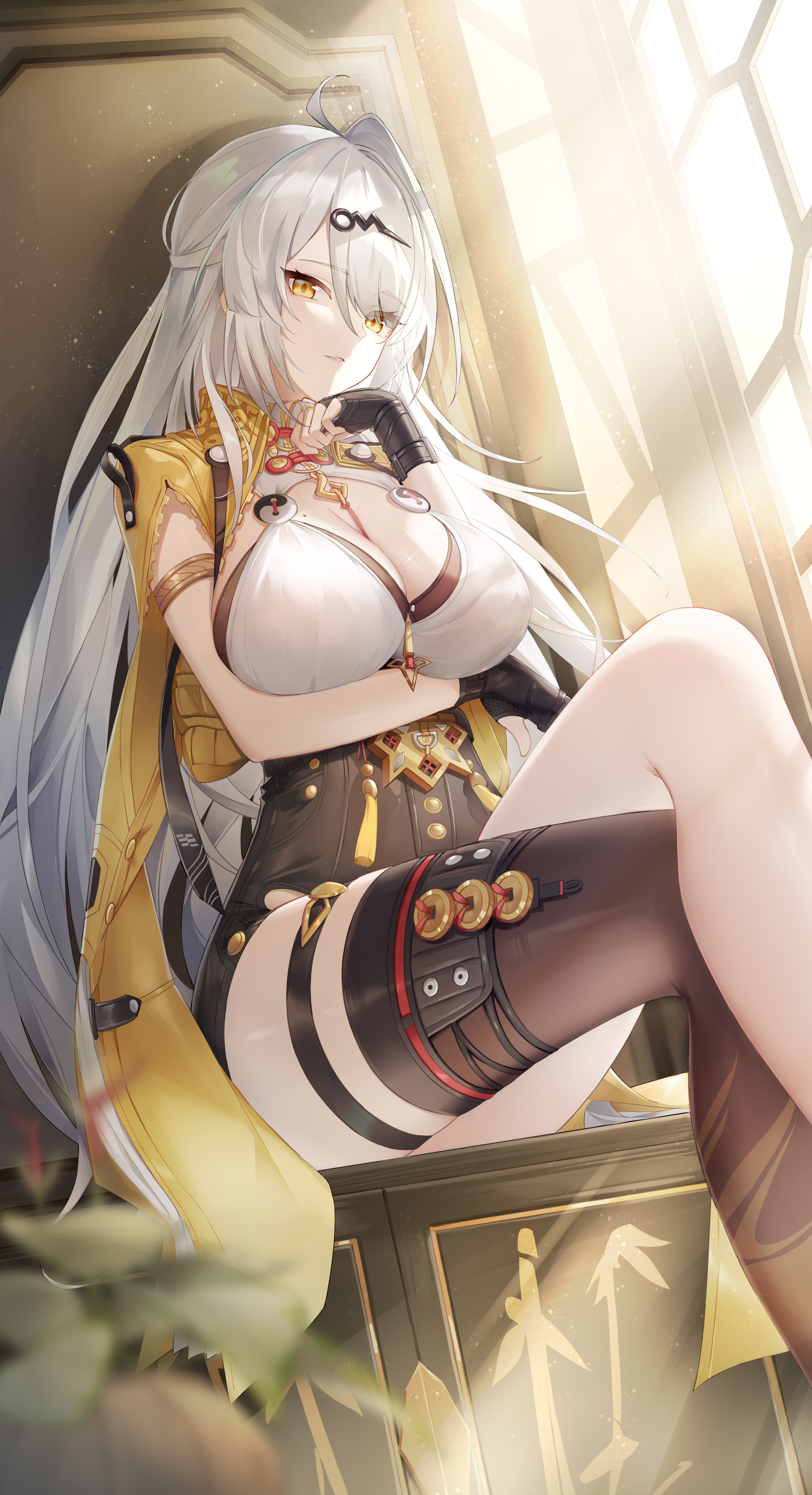 ling kongling, yixuan (zenless zone zero), zenless zone zero, absurdres, highres, 1girl, ahoge, black gloves, black thighhighs, breasts, crossed legs, feet out of frame, fingerless gloves, gloves, hair ornament, hand on own cheek, hand on own face, high-waist shorts, long hair, looking at viewer, parted lips, plant, shorts, single thighhigh, sitting, solo, sunlight, thigh strap, thighhighs, white hair, window, yellow eyes