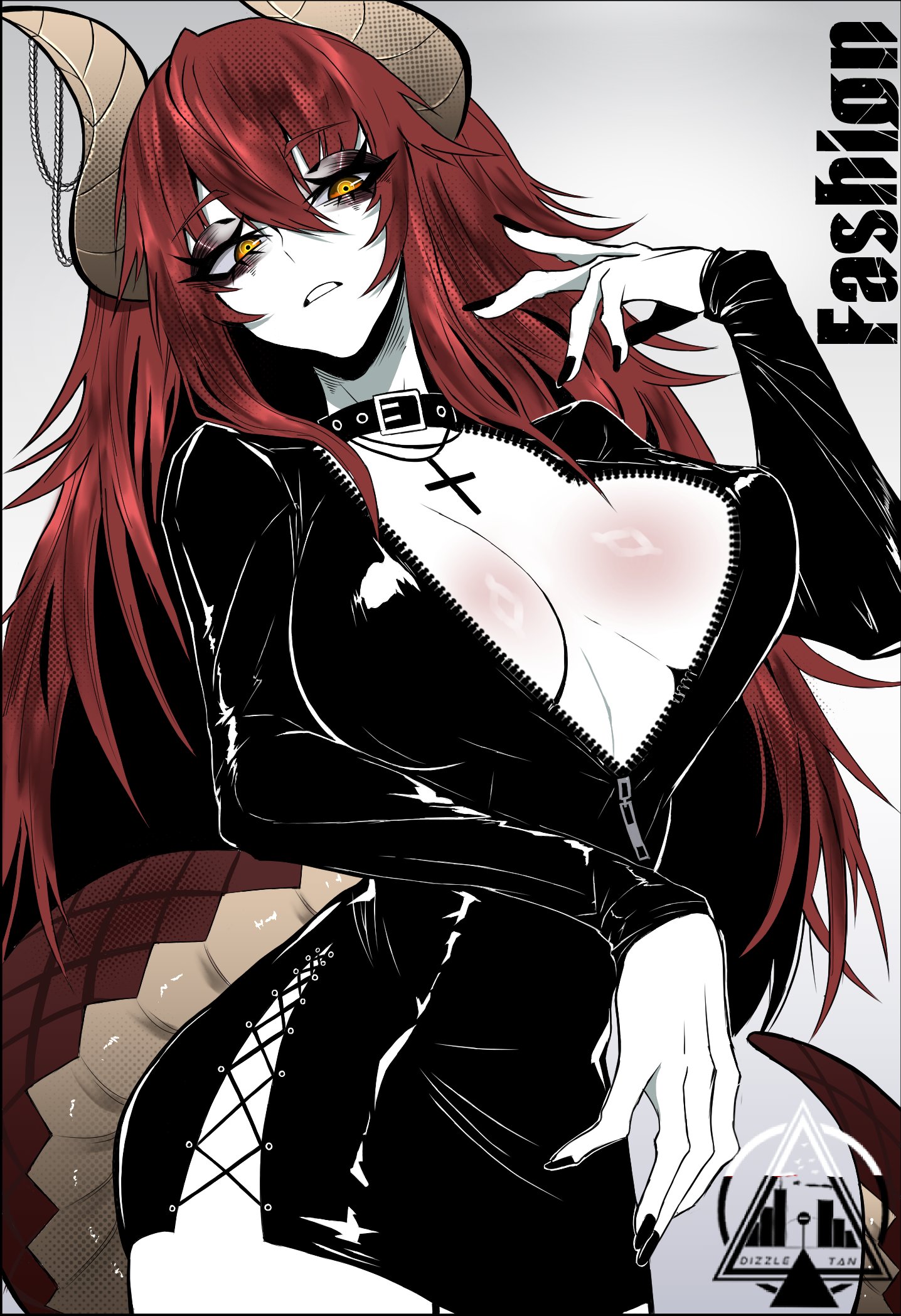 dizzle, zentreya, zentreya (dragon), indie virtual youtuber, 1girl, black nails, breasts, chain, choker, cross, dragon girl, dragon horns, horns, jacket, leather, long hair, orange eyes, red hair, skirt, tail, teeth, virtual youtuber, zipper