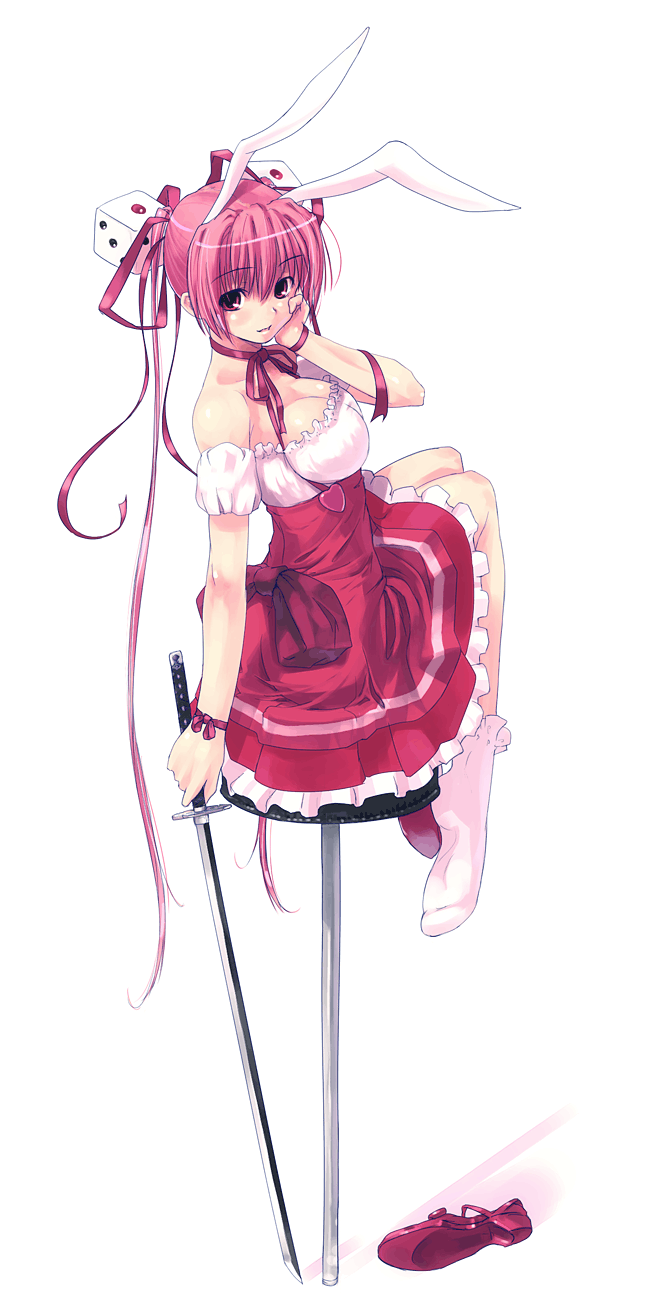 refeia, usada hikaru, di gi charat, unworn shoe, highres, 1girl, animal ears, bare shoulders, bow, breasts, choker, cleavage, dice, dice hair ornament, dress, female focus, frilled dress, frills, full body, hair ornament, hair ribbon, hand on own cheek, hand on own face, high heels, holding, holding sword, holding weapon, katana, large breasts, long hair, looking back, parted lips, pink eyes, pink hair, rabbit ears, rabi~en~rose, red dress, ribbon, ribbon choker, shadow, shoes, simple background, single shoe, smile, socks, soles, solo, sword, twintails, unworn shoes, very long hair, weapon, white background, wrist ribbon