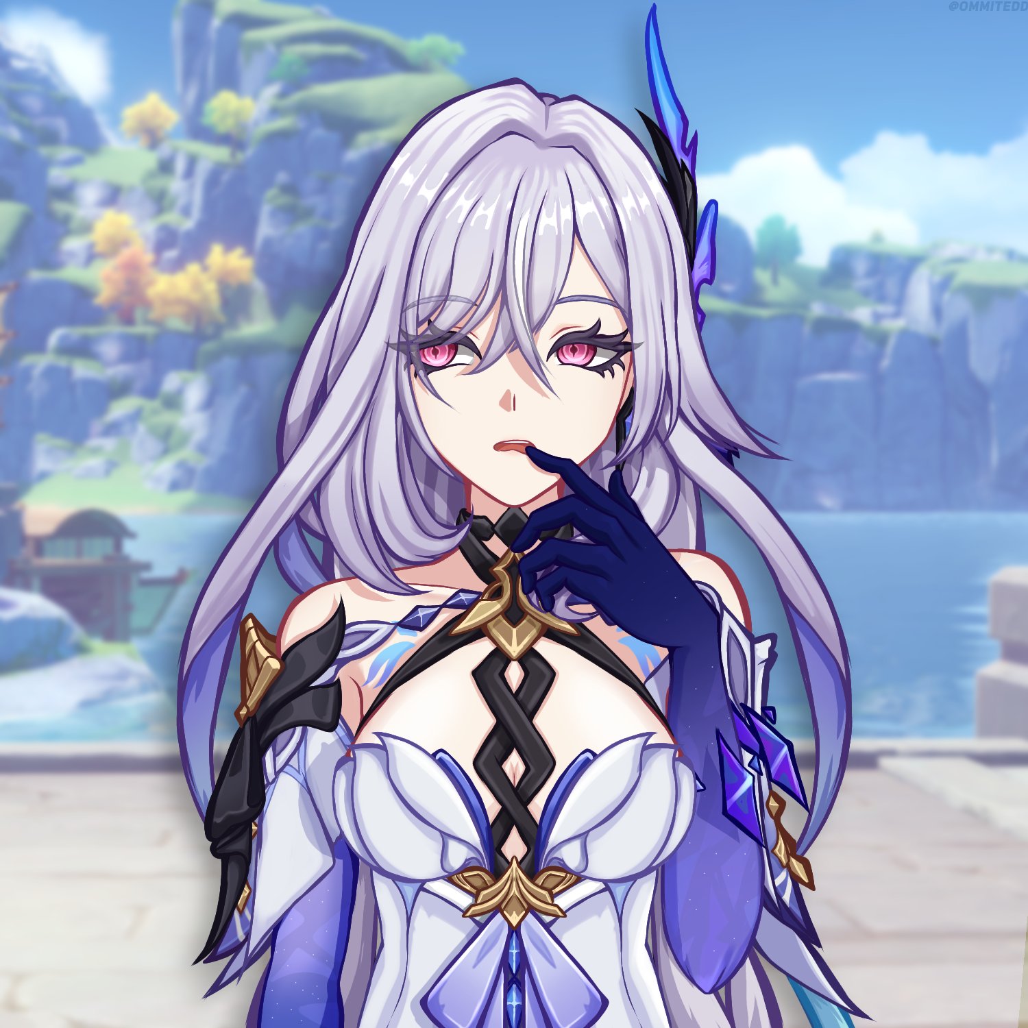skirk (genshin impact), genshin impact, commentary, highres, 1girl, bare shoulders, blue sky, breasts, cloud, day, dress, finger to mouth, game screenshot background, grey hair, hair ornament, halterneck, hand up, long hair, looking to the side, medium breasts, ommited, open mouth, outdoors, pink eyes, screenshot background, sky, solo, upper body, very long hair, water, white dress