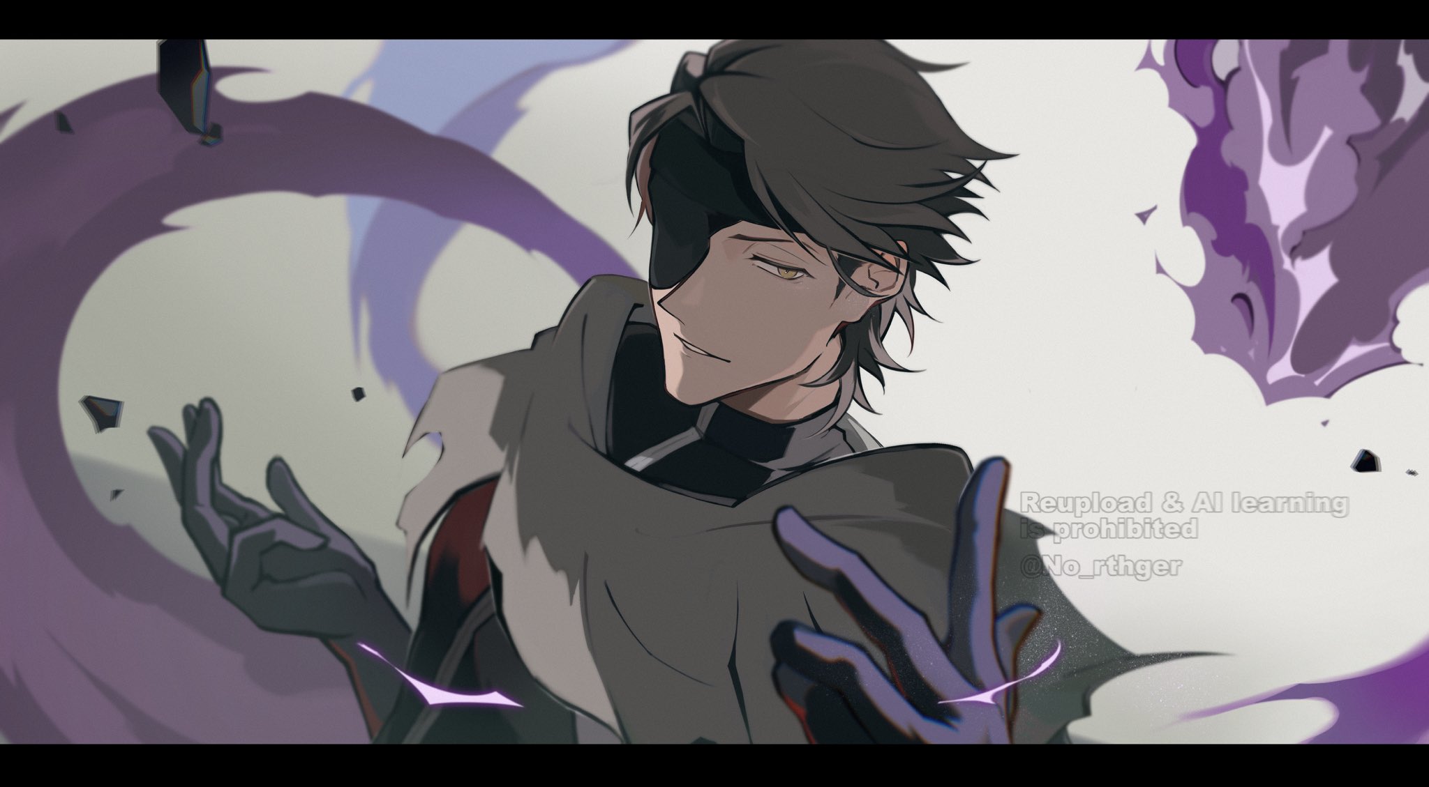 no rthger, aizen sousuke, bleach, bleach: sennen kessen-hen, highres, spoilers, 1boy, brown hair, casting spell, eyepatch, gloves, male focus, purple aura, shinigami, solo, torn clothes, yellow eyes