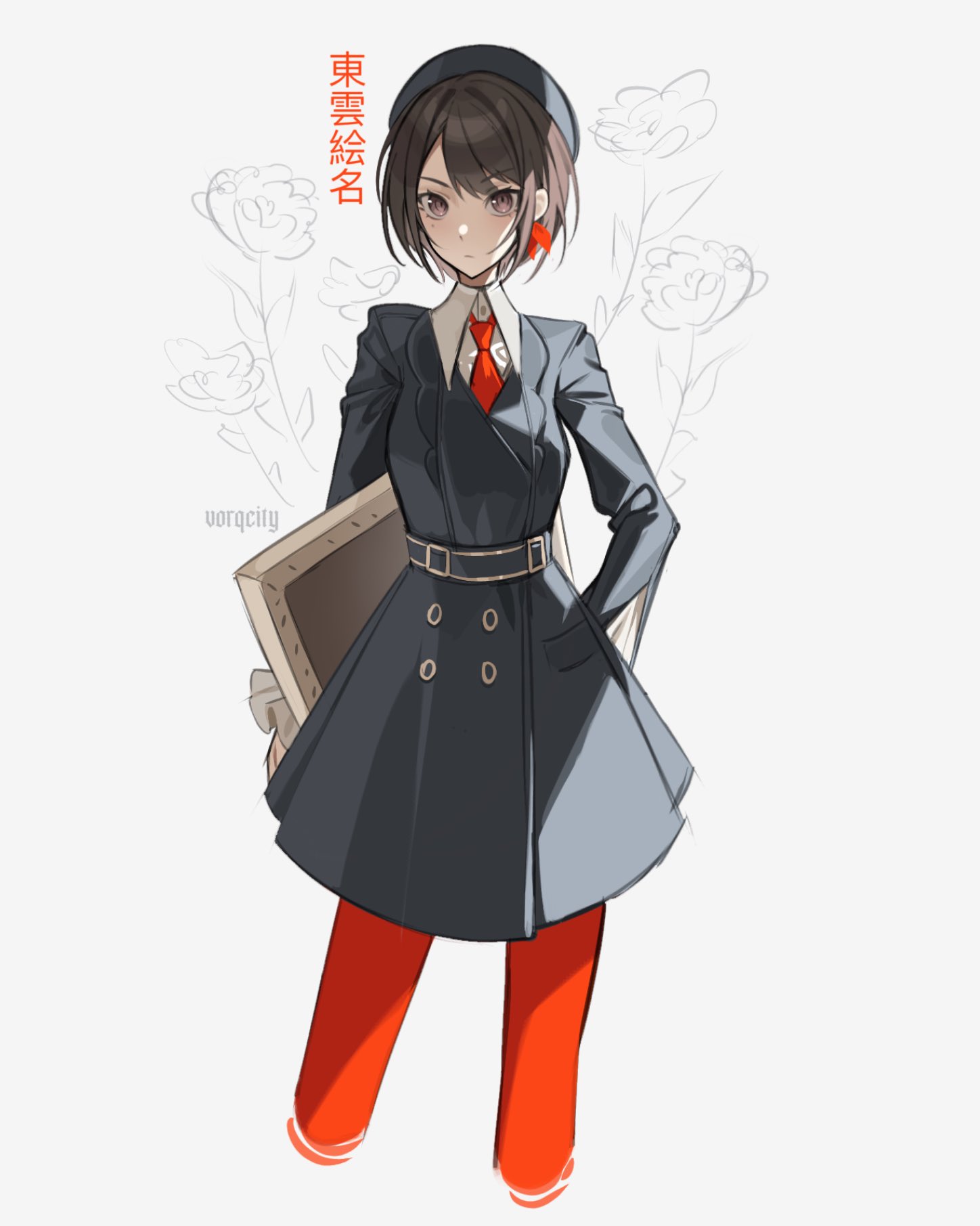 vorqcity, shinonome ena, project sekai, commentary request, highres, translation request, 1girl, artist name, black dress, black hat, brown eyes, brown hair, closed mouth, collared shirt, cropped legs, dress, hat, long sleeves, looking at viewer, mole, mole under eye, necktie, pantyhose, parted bangs, red necktie, red pantyhose, shirt, short hair, solo, white background, white shirt