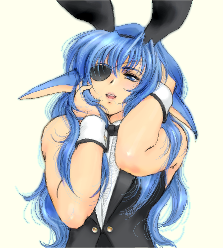 lowres, animal ears, blue eyes, blue hair, bow, cuffs, eyepatch, long hair, rabbit ears