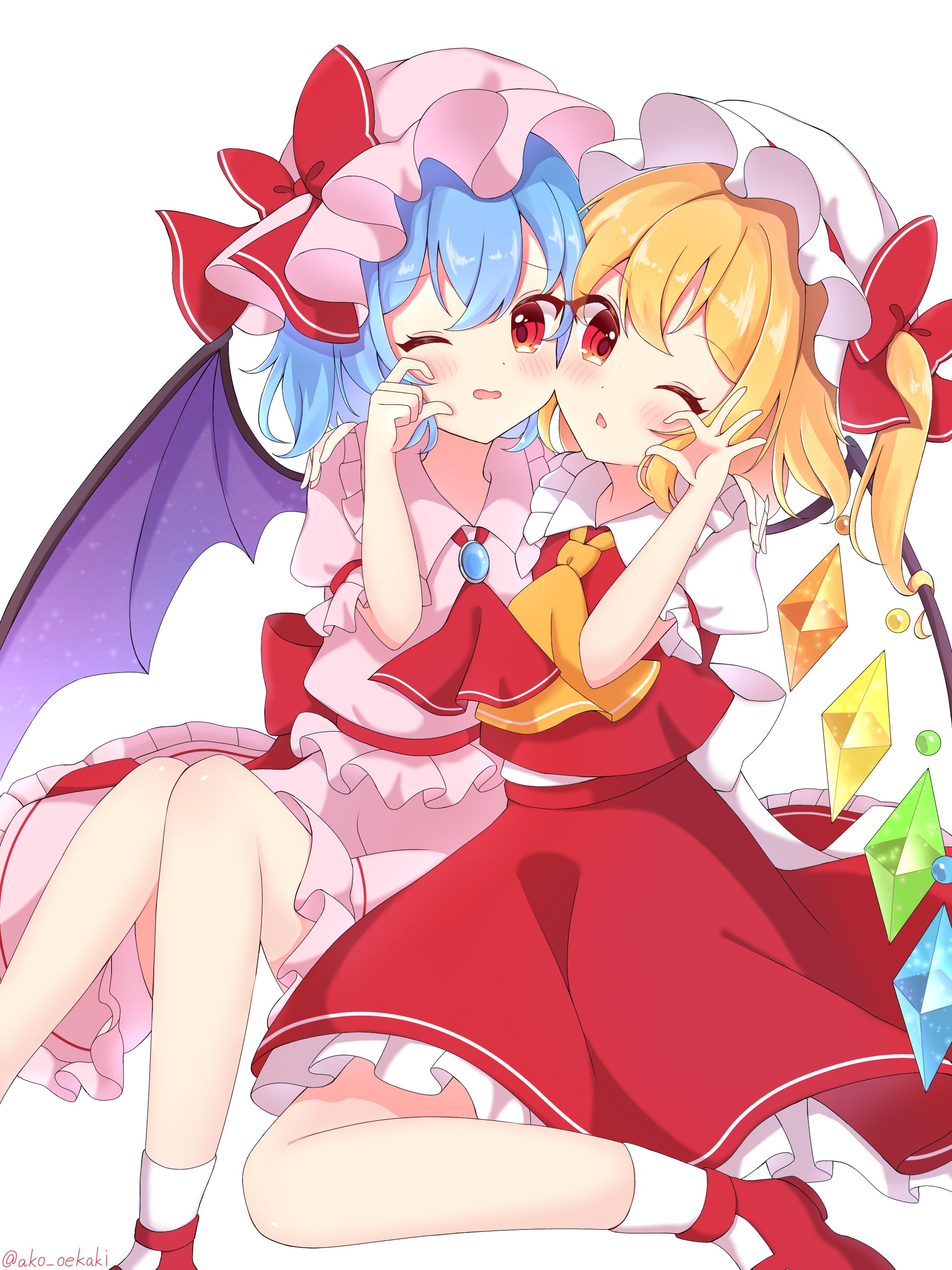 ako oekaki, touhou, absurdres, highres, 2girls, ascot, bat wings, blonde hair, blue hair, bow, hat, hat bow, mob cap, multiple girls, one eye closed, open mouth, puffy short sleeves, puffy sleeves, red eyes, red skirt, short hair, short sleeves, simple background, skirt, socks, white background, wings