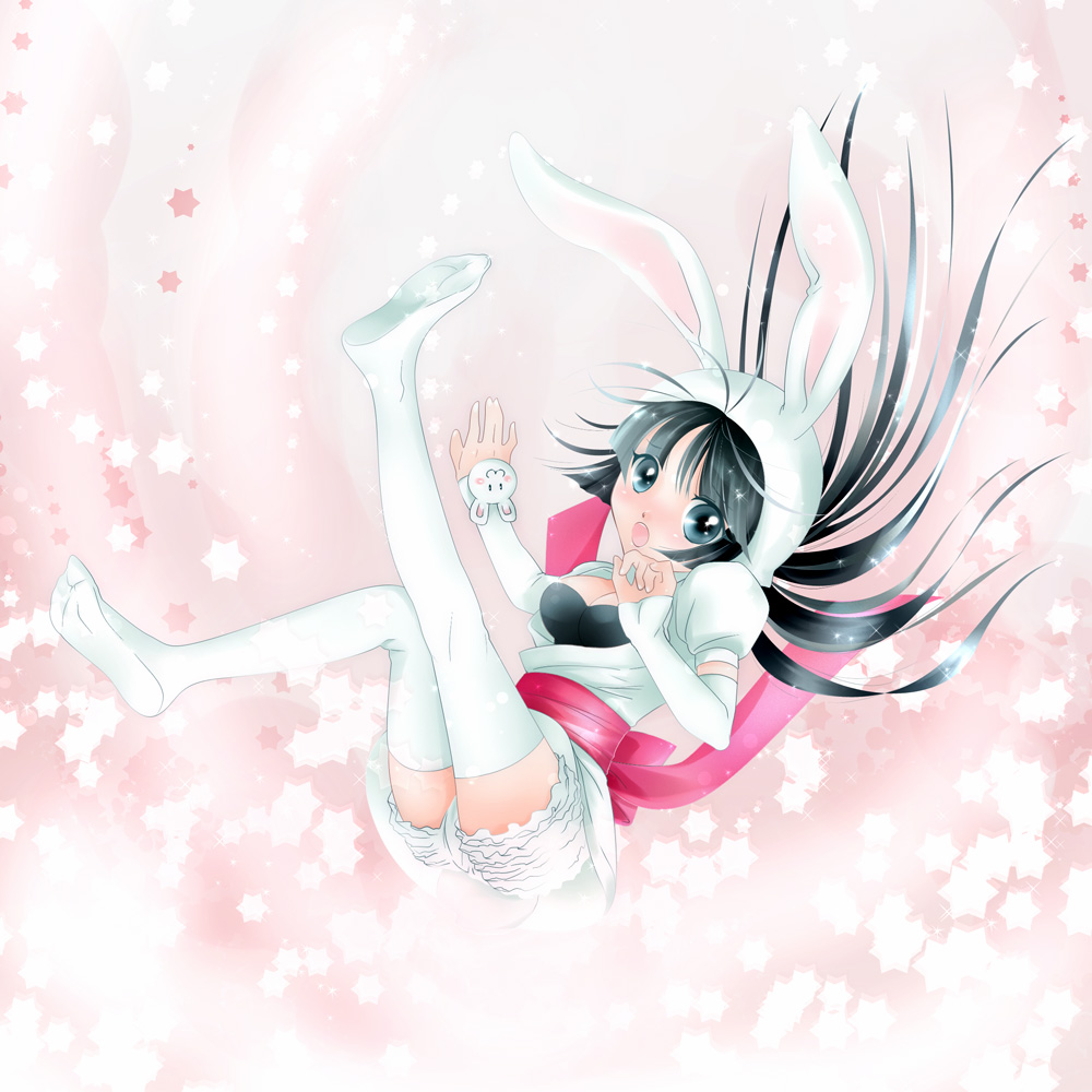 animal ears, black hair, blue eyes, blue hair, bow, gloves, hood, long hair, rabbit ears, shorts, thighhighs