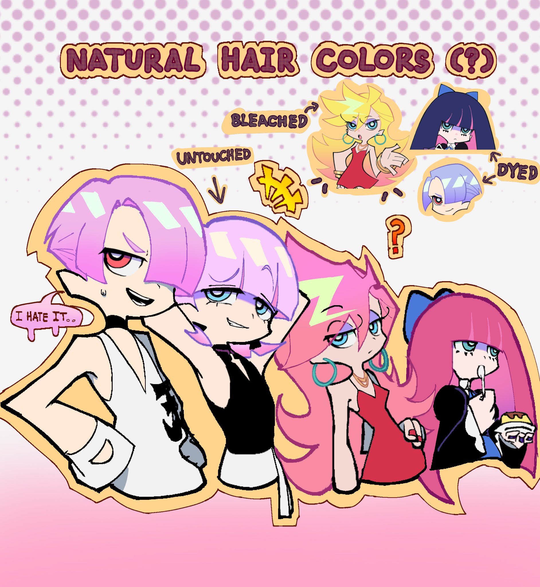 panty (psg), polyester (psg), polyurethane (psg), stocking (psg), panty & stocking with garterbelt, highres, 2boys, 2girls, ?, alternate hair color, blue eyes, blunt bangs, bow, brothers, cousins, deformed, dress, earrings, grin, hair bow, holding, holding spoon, hoop earrings, jewelry, kanekuripan, multiple boys, multiple girls, official style, pink hair, red eyes, siblings, sisters, smile, spoon, utensil in mouth