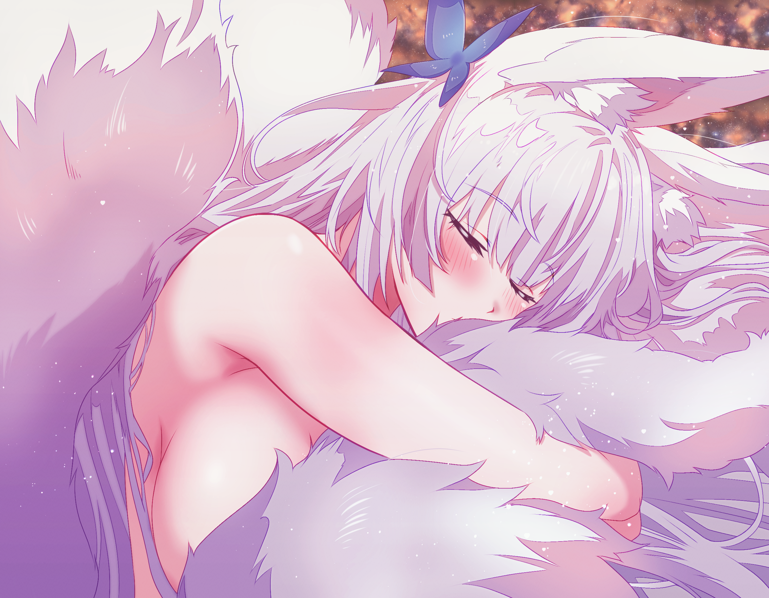 arbiter1, shinano (azur lane), azur lane, commentary, english commentary, highres, 1girl, animal ear fluff, animal ears, blush, breasts, closed eyes, covered mouth, fox ears, fox girl, hair ornament, hugging own tail, hugging tail, large breasts, long hair, nude, sleeping, solo, tail, tail censor, upper body, white hair