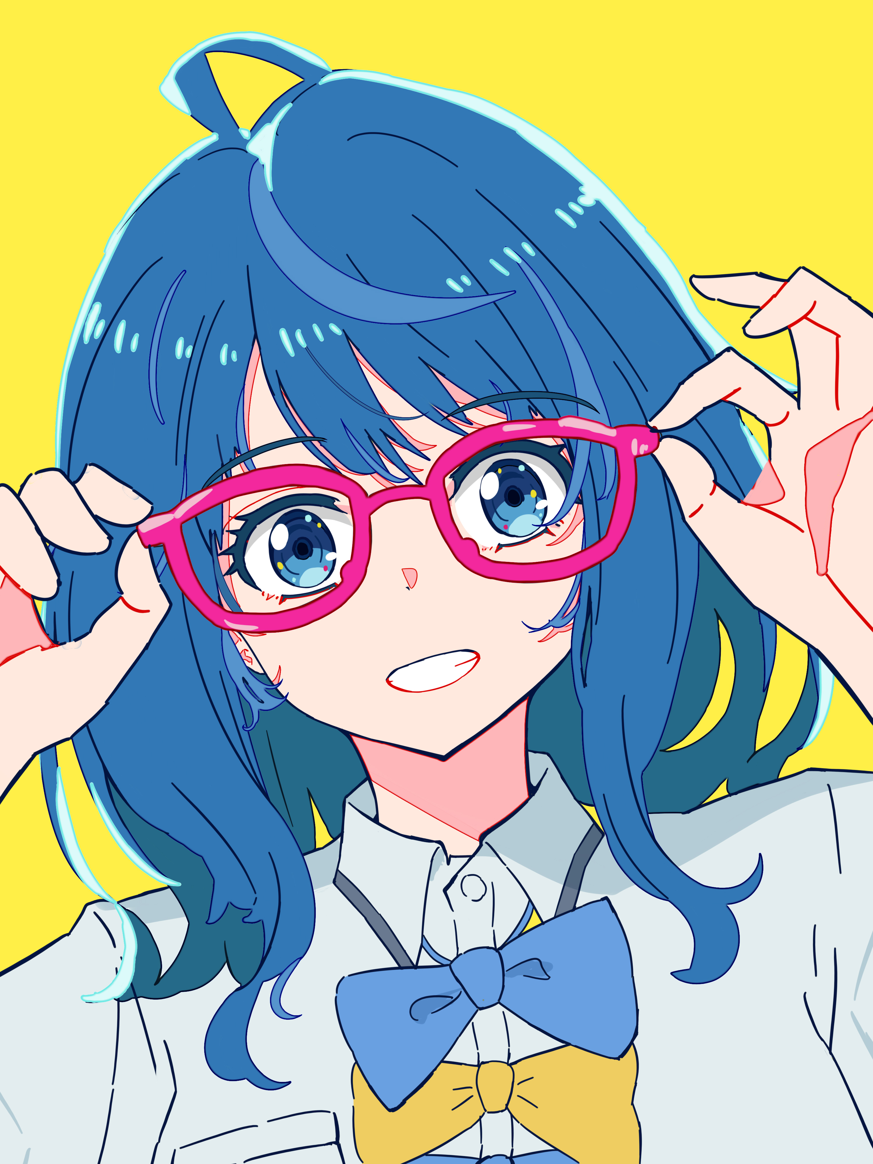 3066115054, yanami anna, make heroine ga oo sugiru!, absurdres, commentary request, highres, 1girl, :d, ahoge, blue bow, blue bowtie, blue eyes, blue hair, bow, bowtie, collared shirt, colored eyelashes, eyelashes, glasses, grin, hair between eyes, hands up, looking at viewer, medium hair, open mouth, pink-framed eyewear, shirt, simple background, smile, solo, straight hair, tareme, upper body, white shirt, yellow background, yellow bow, yellow bowtie