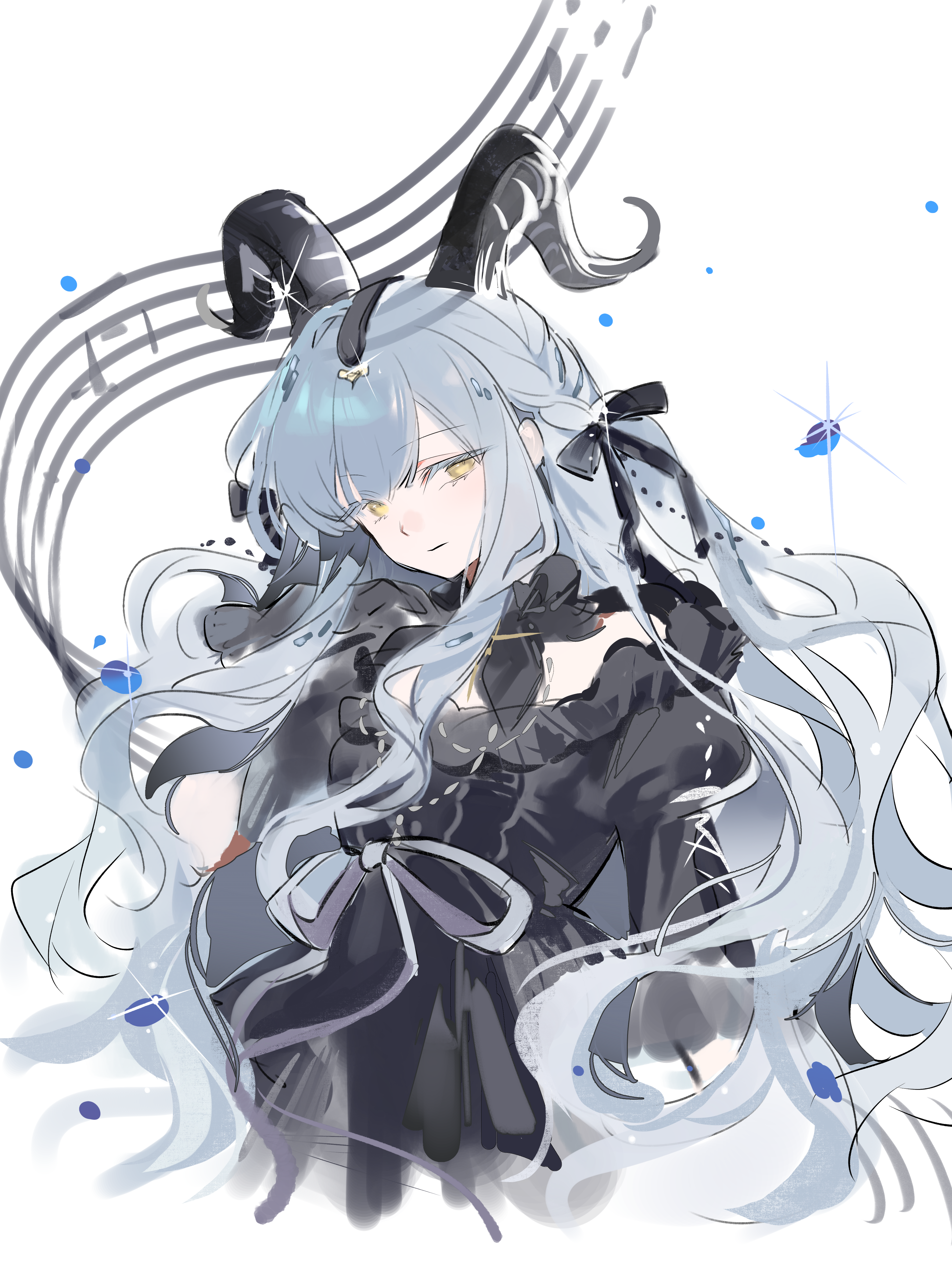 togawa sakiko, arknights, bang dream!, bang dream! it's mygo!!!!!, absurdres, highres, 1girl, black dress, black horns, black ribbon, blue hair, closed mouth, curled horns, detached collar, dress, echo (shuiyingsilei), hair ribbon, horns, long hair, looking at viewer, musical staff, ribbon, sidelocks, solo, togawa sakiko (master of melodia), two side up, upper body, white background, yellow eyes
